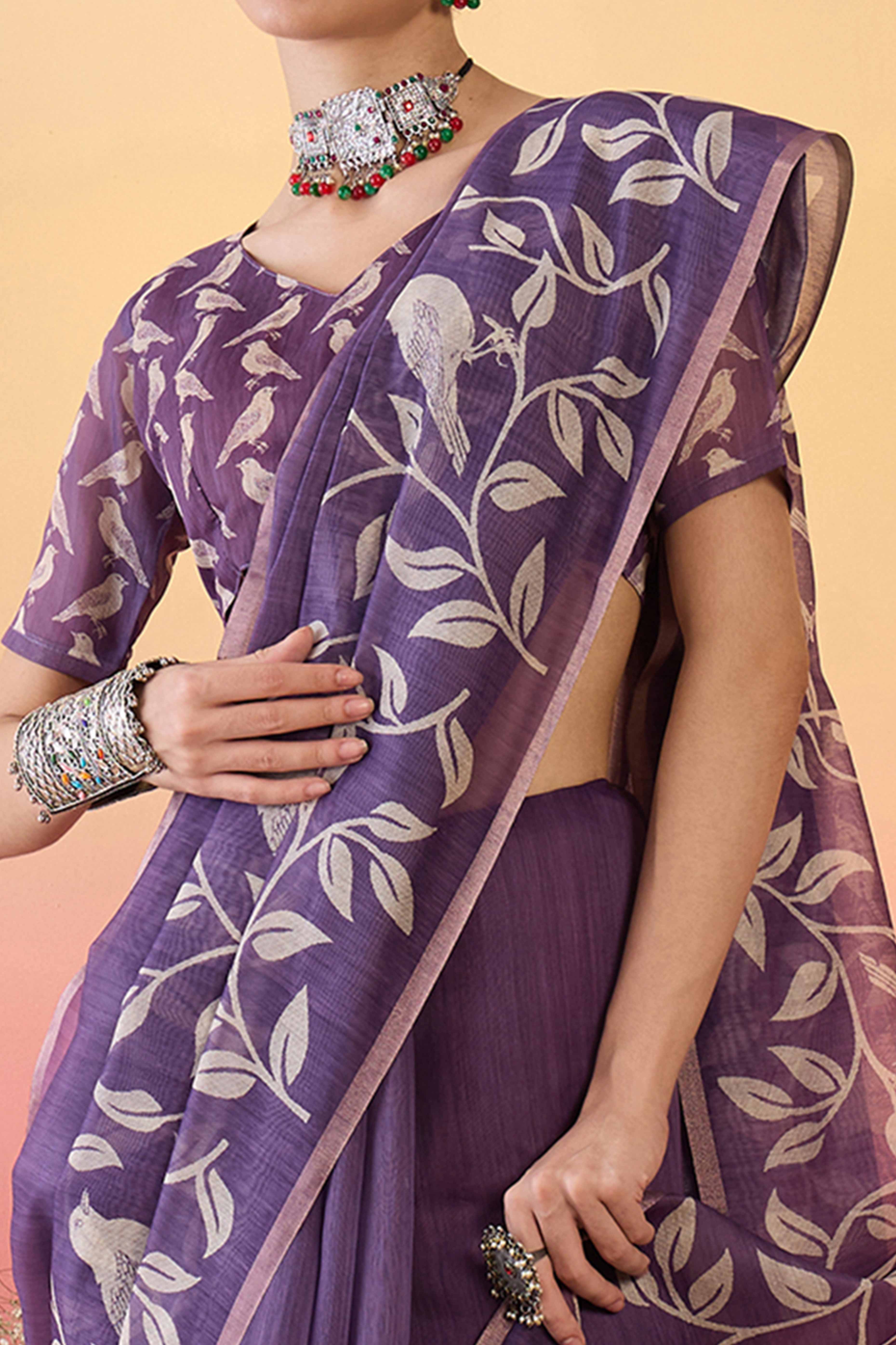 Purple Linen Cotton Saree Featuring Elegant Leaf & Bird Prints With Tassel Pallu