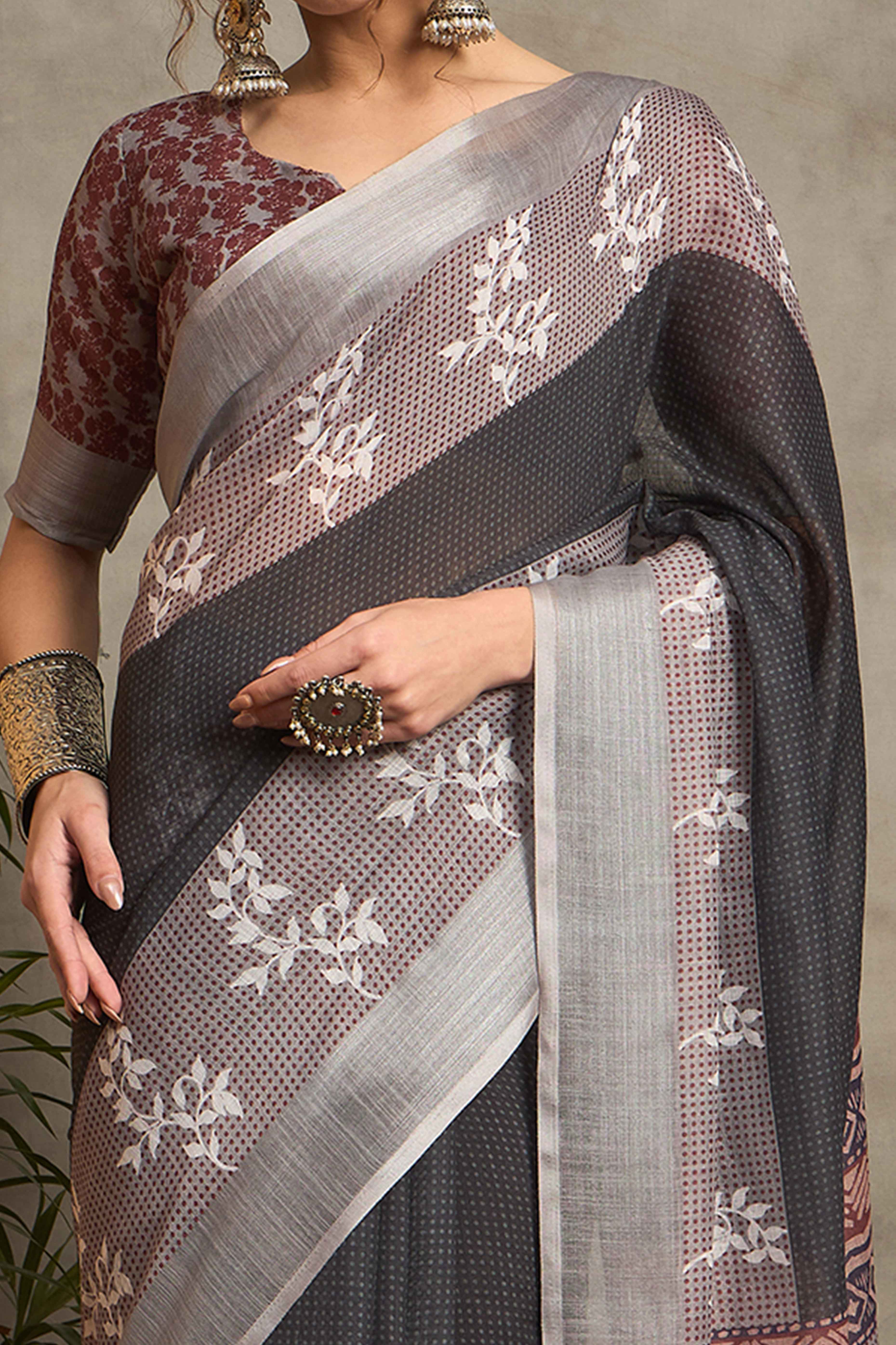 Black Pure Linen Saree with Intricate Zari Work