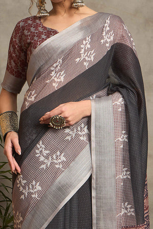 Black Pure Linen Saree with Intricate Zari Work