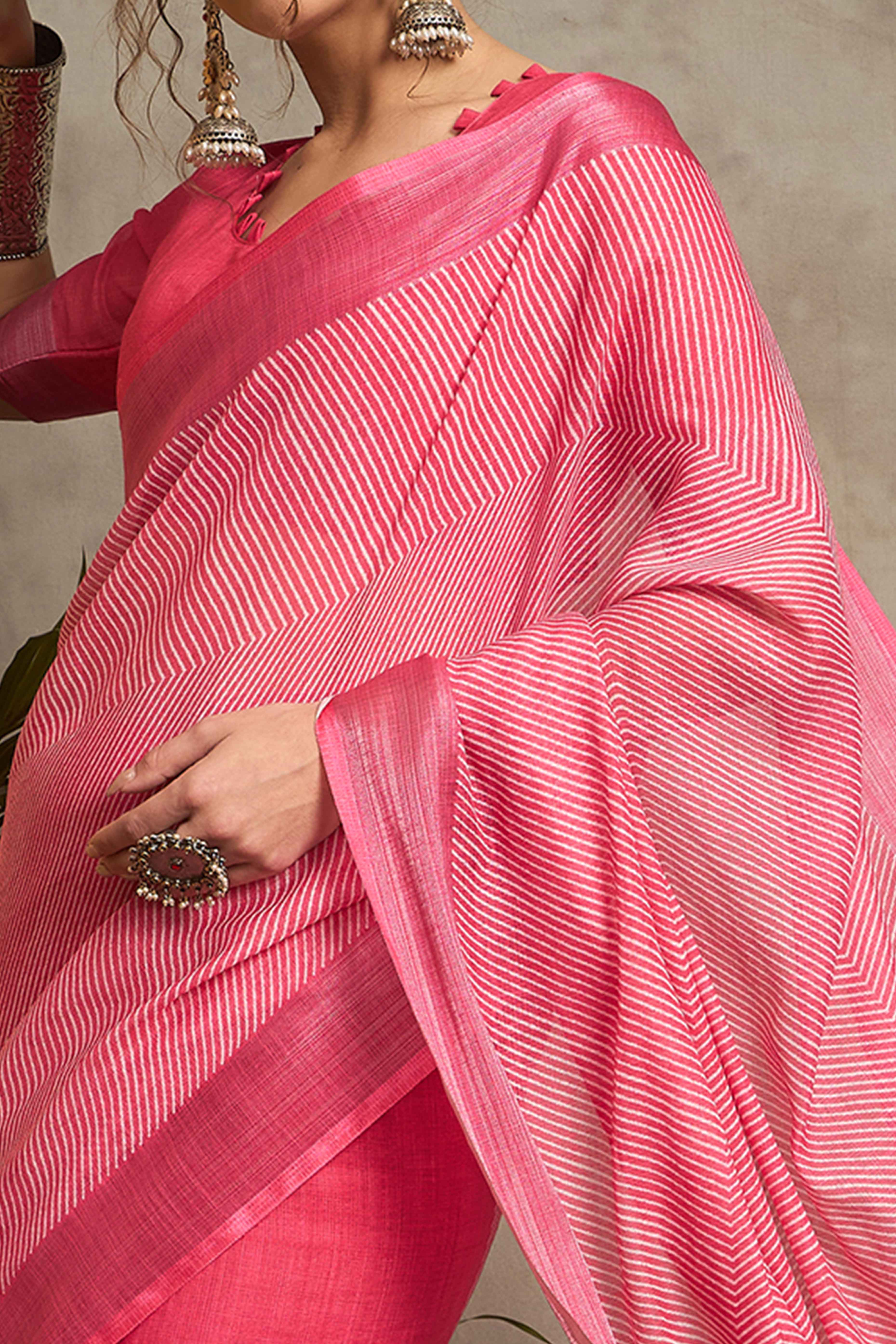Pink Pure Linen Saree with Intricate Zari Work