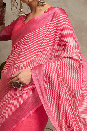 Pink Pure Linen Saree with Intricate Zari Work