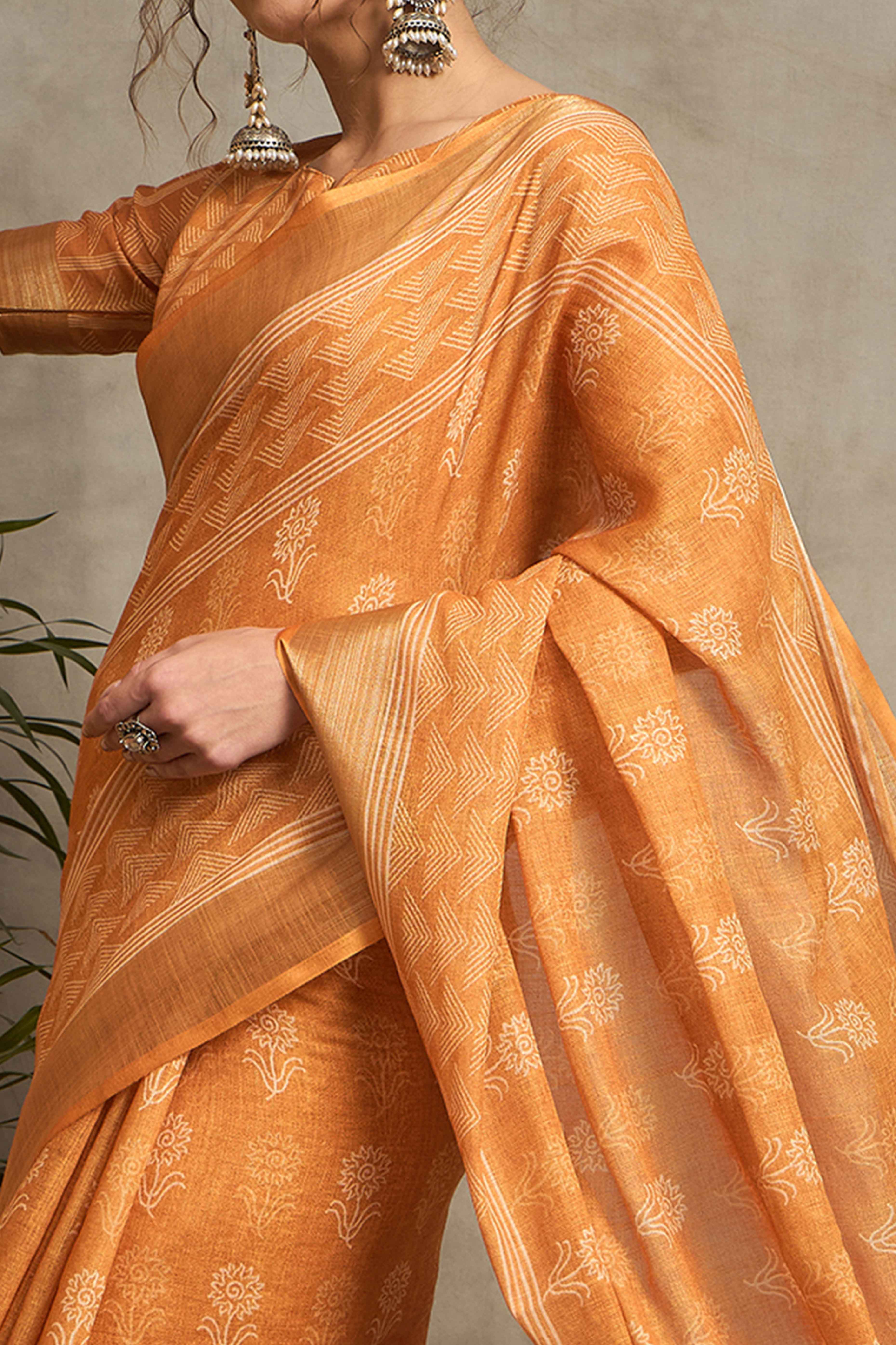 Orange Pure Linen Saree with Intricate Zari Work