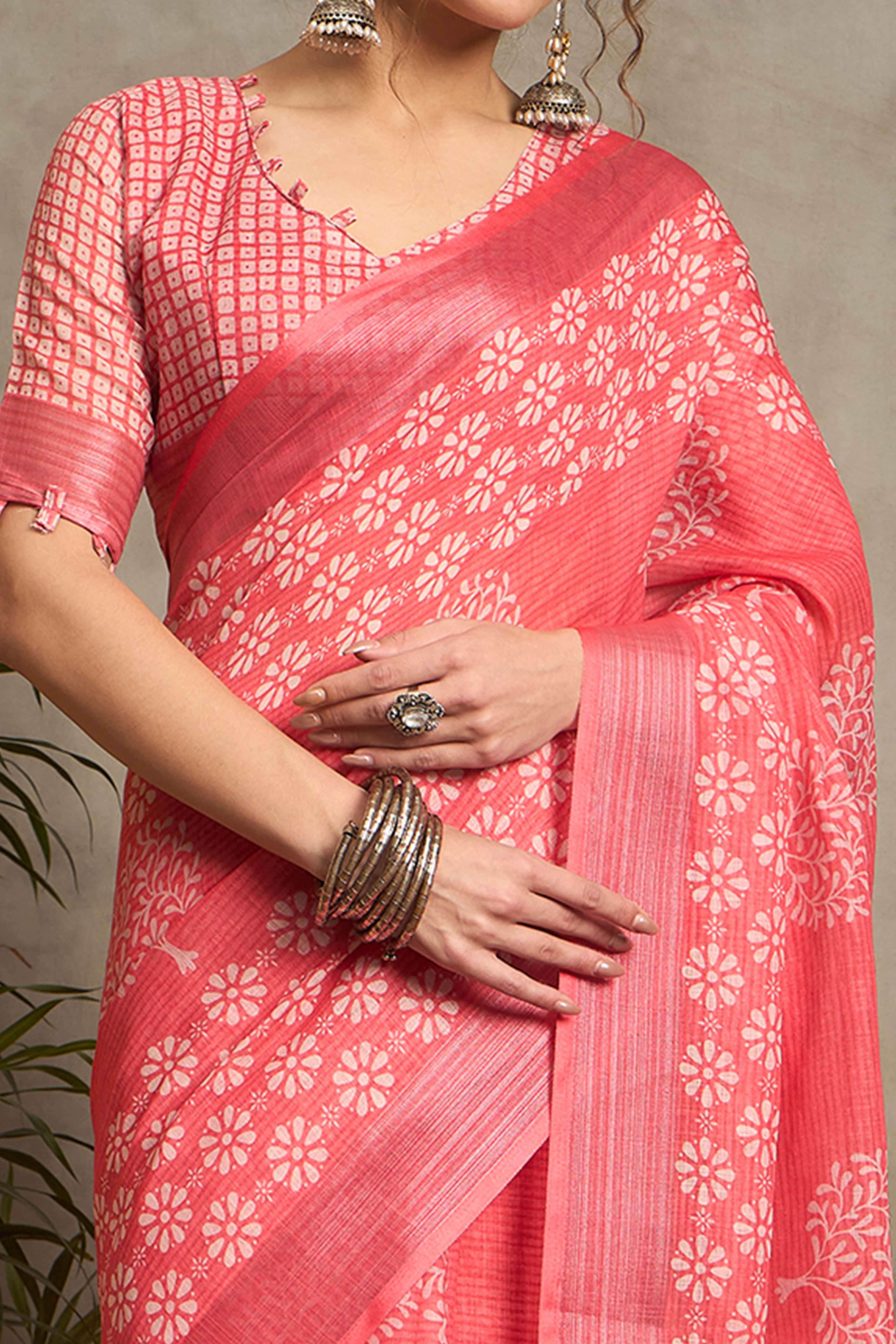 Gajri Pink Pure Linen Saree with Intricate Zari Work
