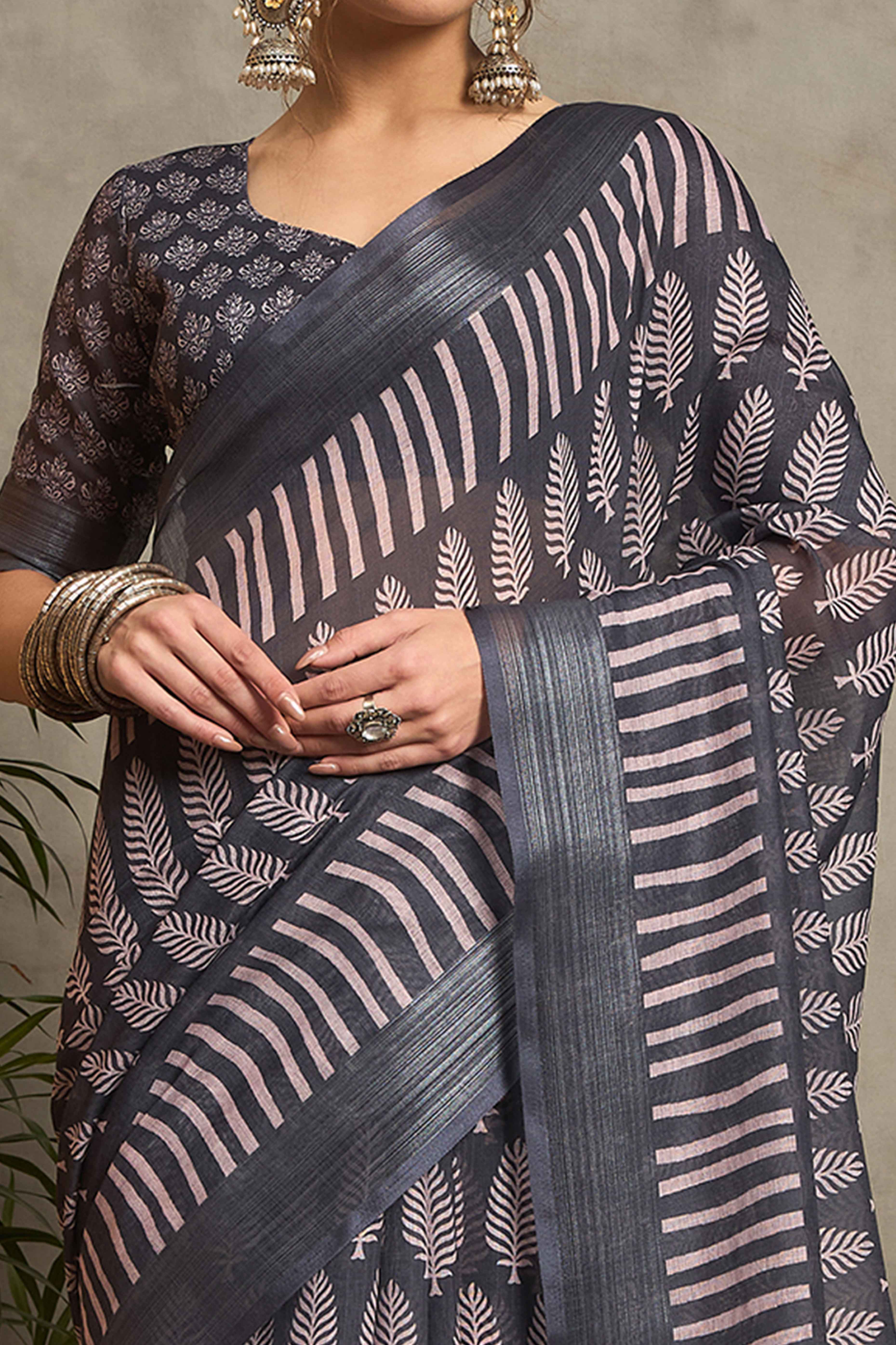 Black Pure Linen Saree with Intricate Zari Work
