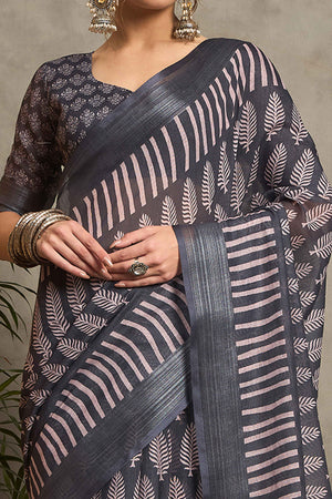 Black Pure Linen Saree with Intricate Zari Work