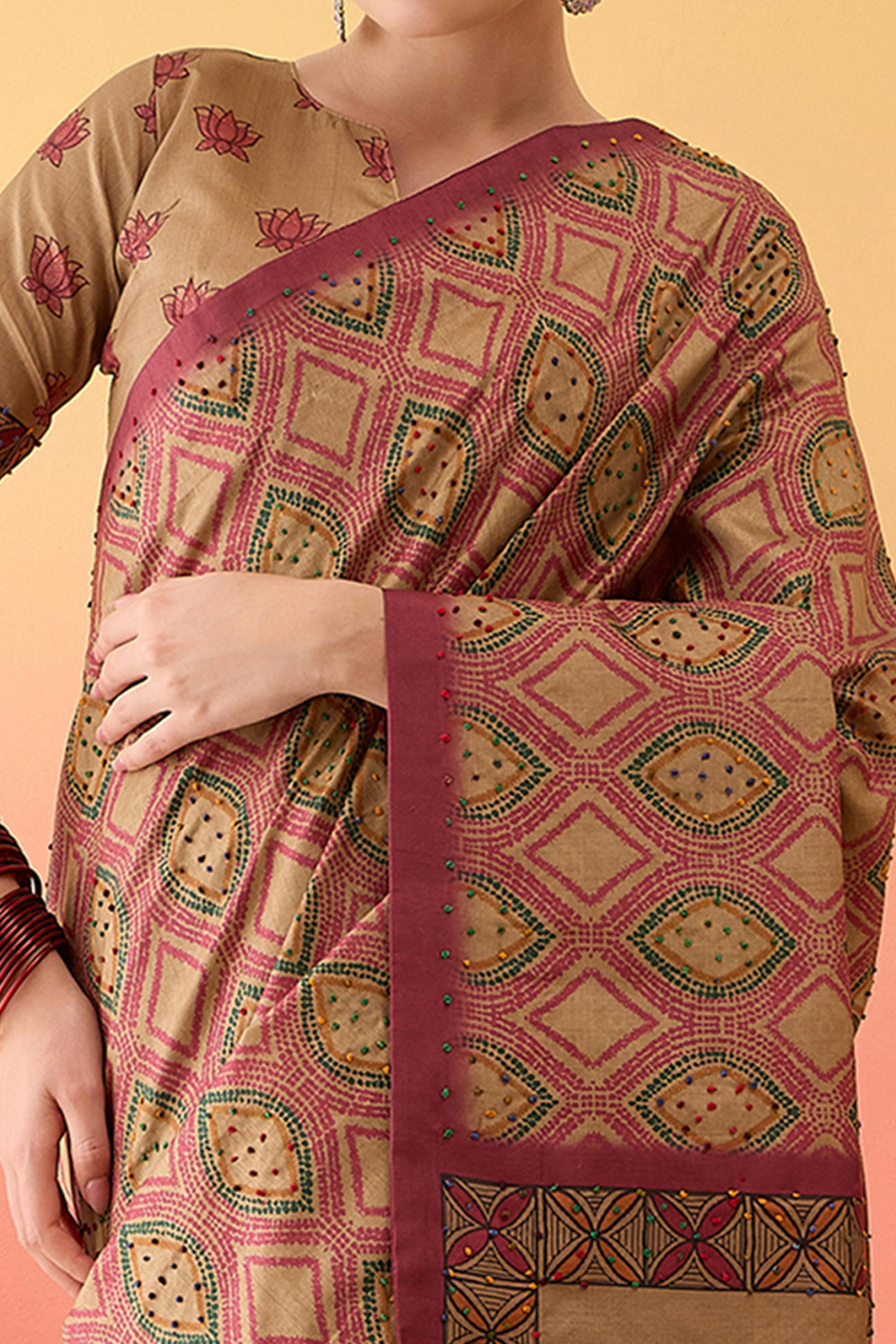 Beige Kalamkari Style Printed Cotton Silk Saree Knot Work Tassels Ethnic Wear