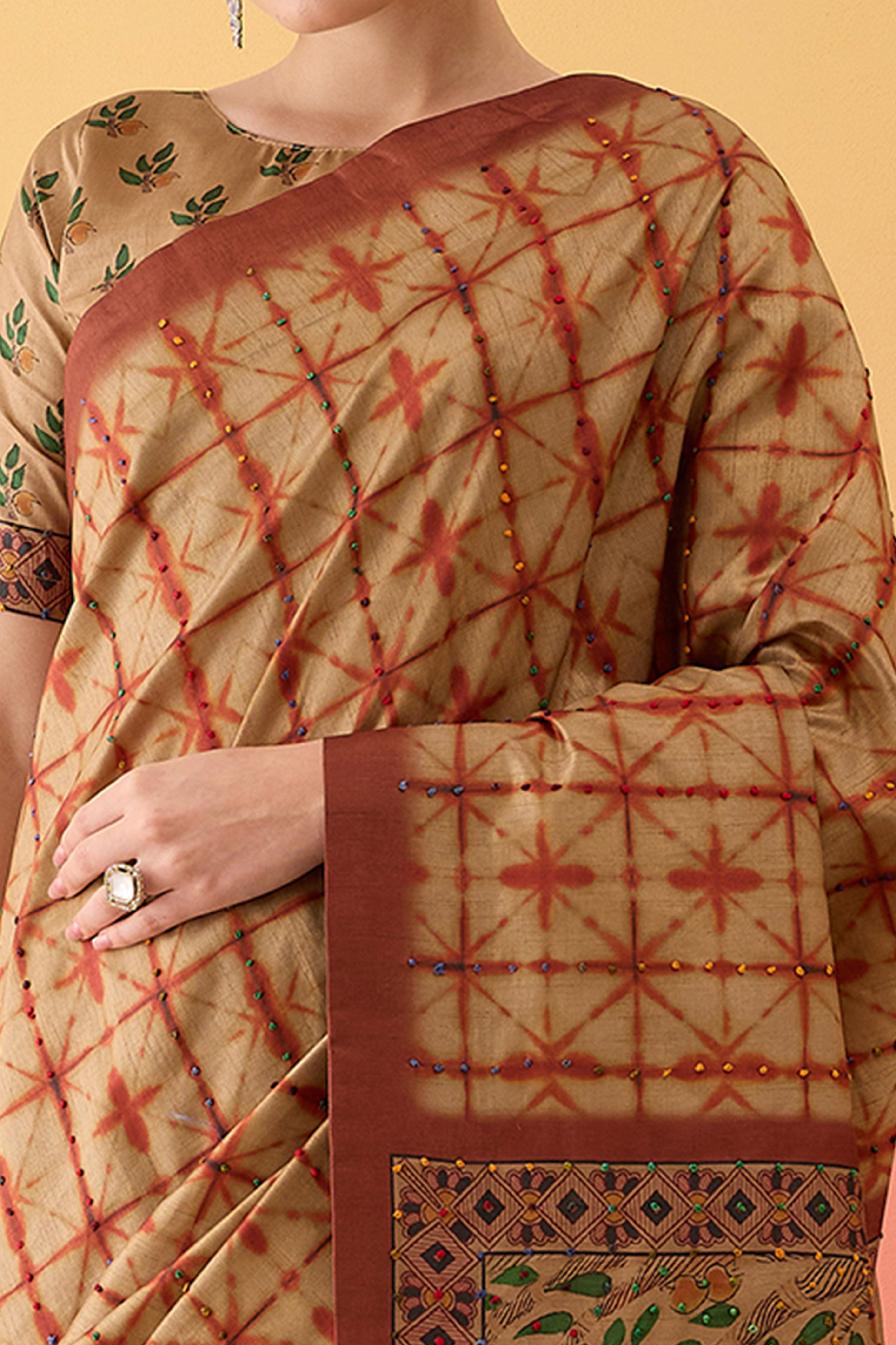 Beige Printed Kalamkari Cotton Silk Saree Flowy Drape Knot Detailing Traditional Grace