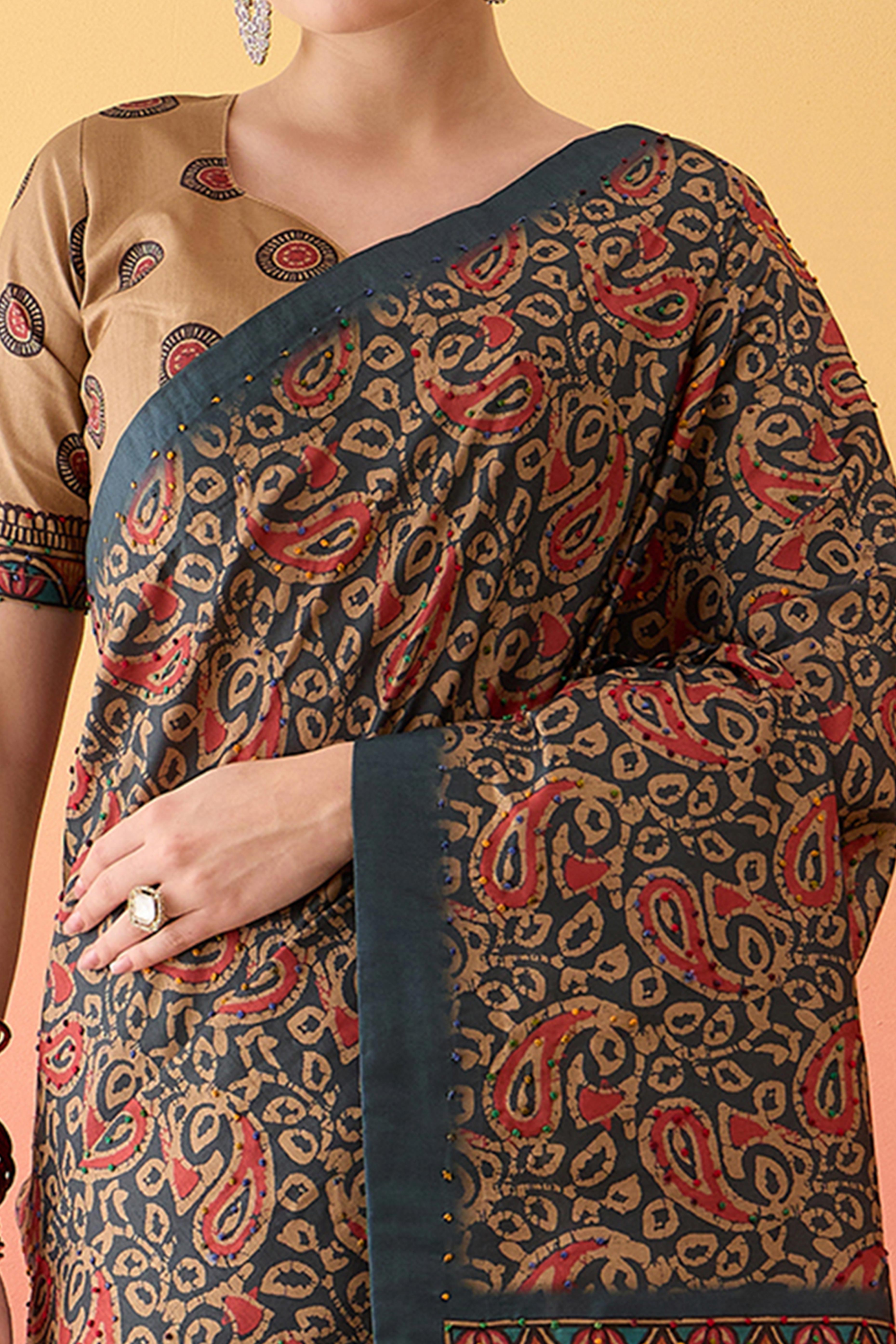 Grey Printed Kalamkari Cotton Silk Saree Exquisite Knot Work Detailing Ethnic Charm