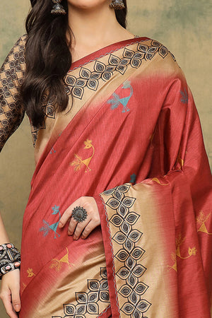 Red Traditional Warli Motifs Cotton Silk Saree Lightweight Ethnic Elegance