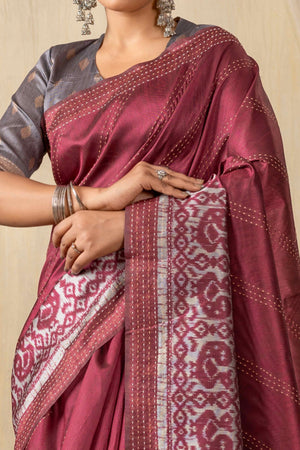 Traditional Ikkat Print Burgundy Silk Blend Saree