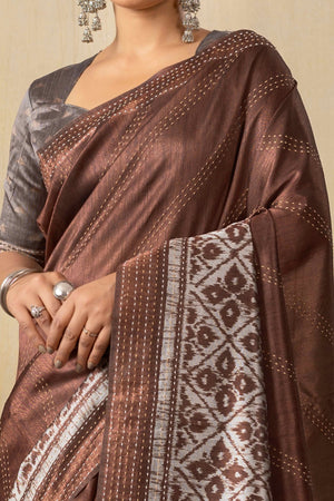 Traditional Ikkat Print Brown Silk Blend Saree