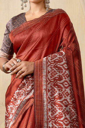 Traditional Ikkat Print Rust Silk Blend Saree