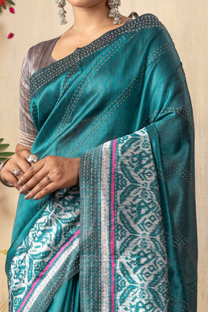 Traditional Ikkat Print Blue Silk Blend Saree