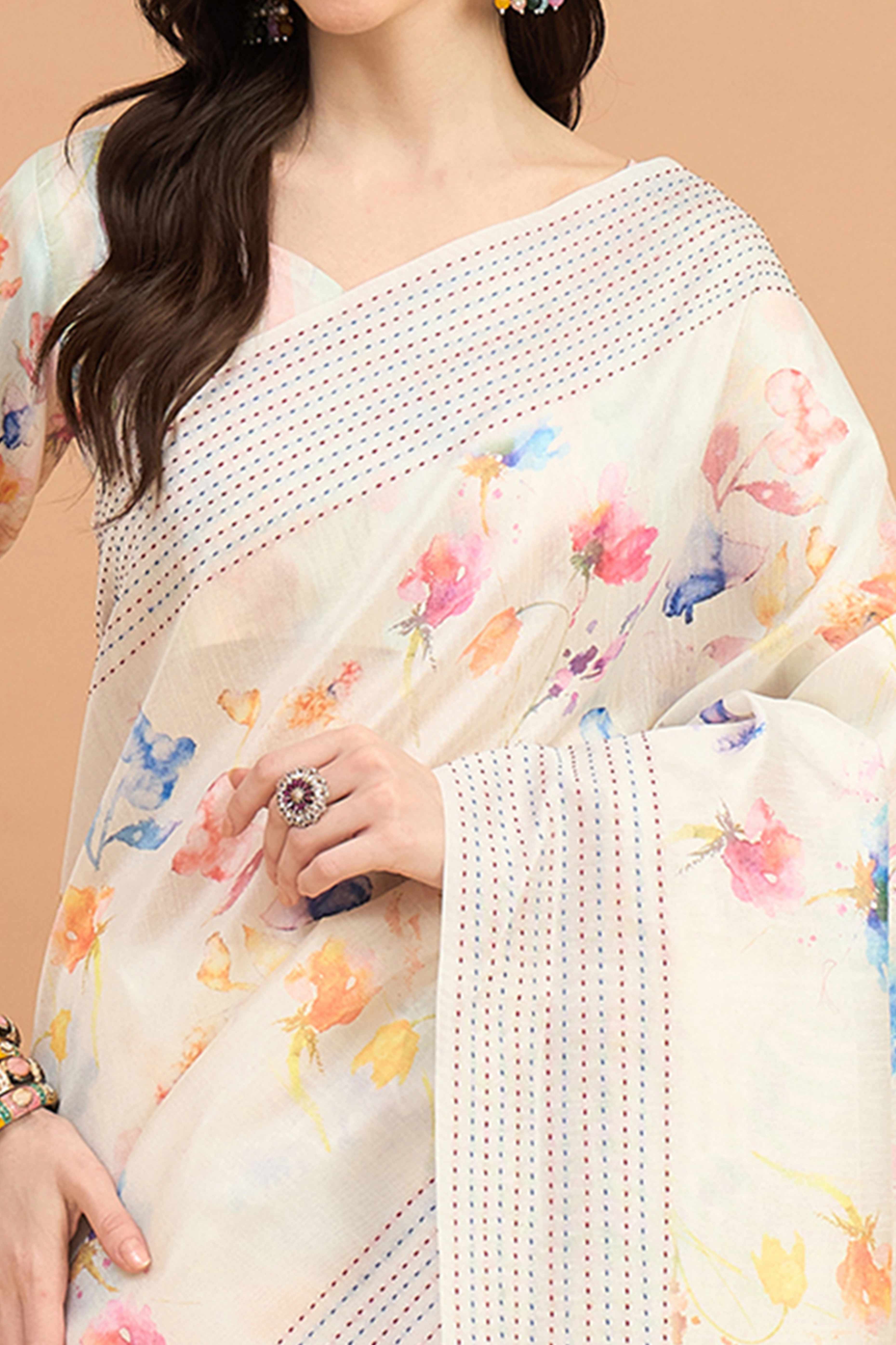 Offwhite Silk Blend Saree With Floral Prints & Delicate Tassels Border