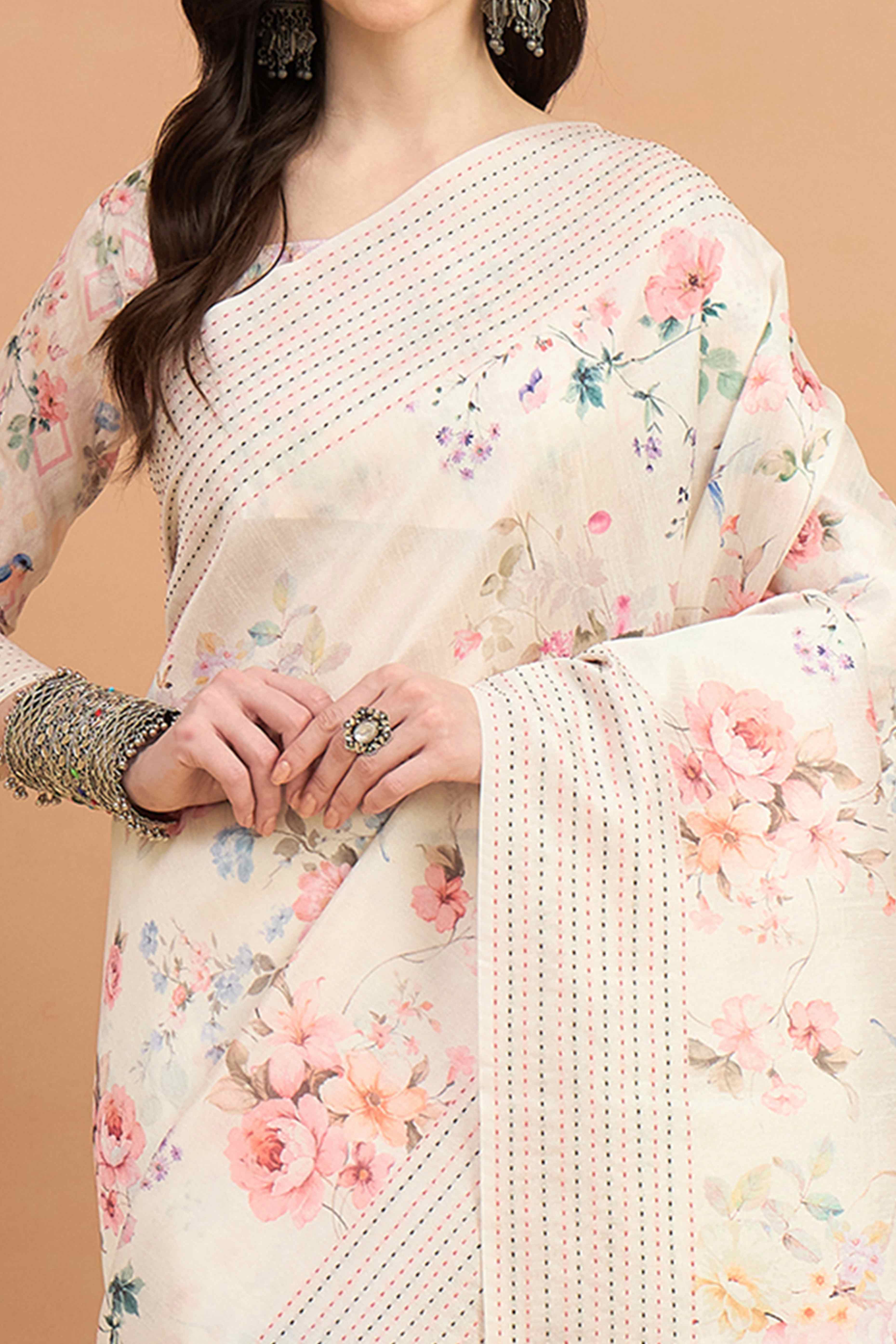 Offwhite Silk Blend Saree With Floral Prints & Delicate Tassels Border