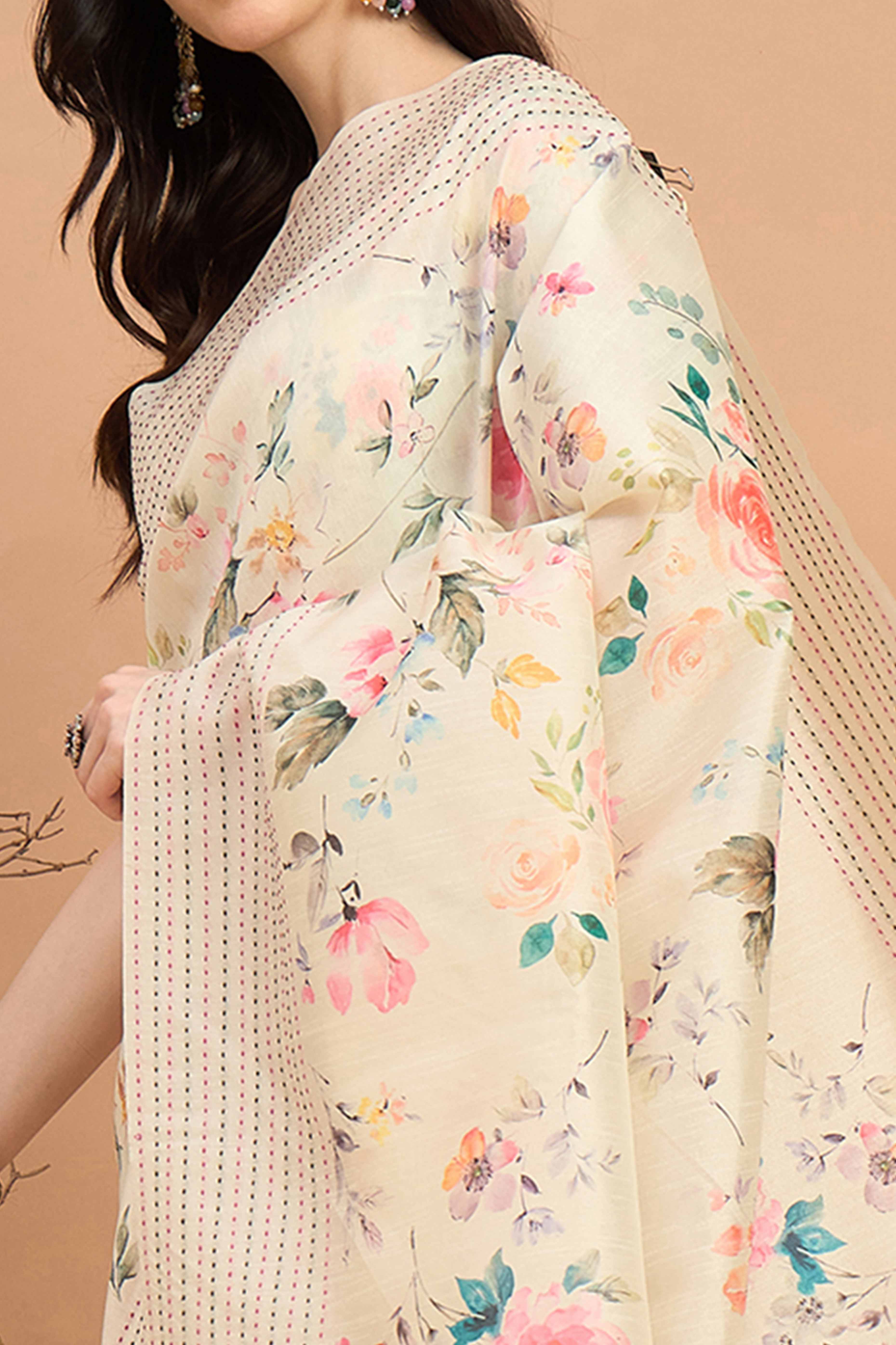 6Offwhite Silk Blend Saree With Floral Prints & Delicate Tassels Border