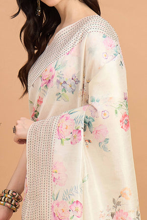 Offwhite Silk Blend Saree With Floral Prints & Delicate Tassels Border