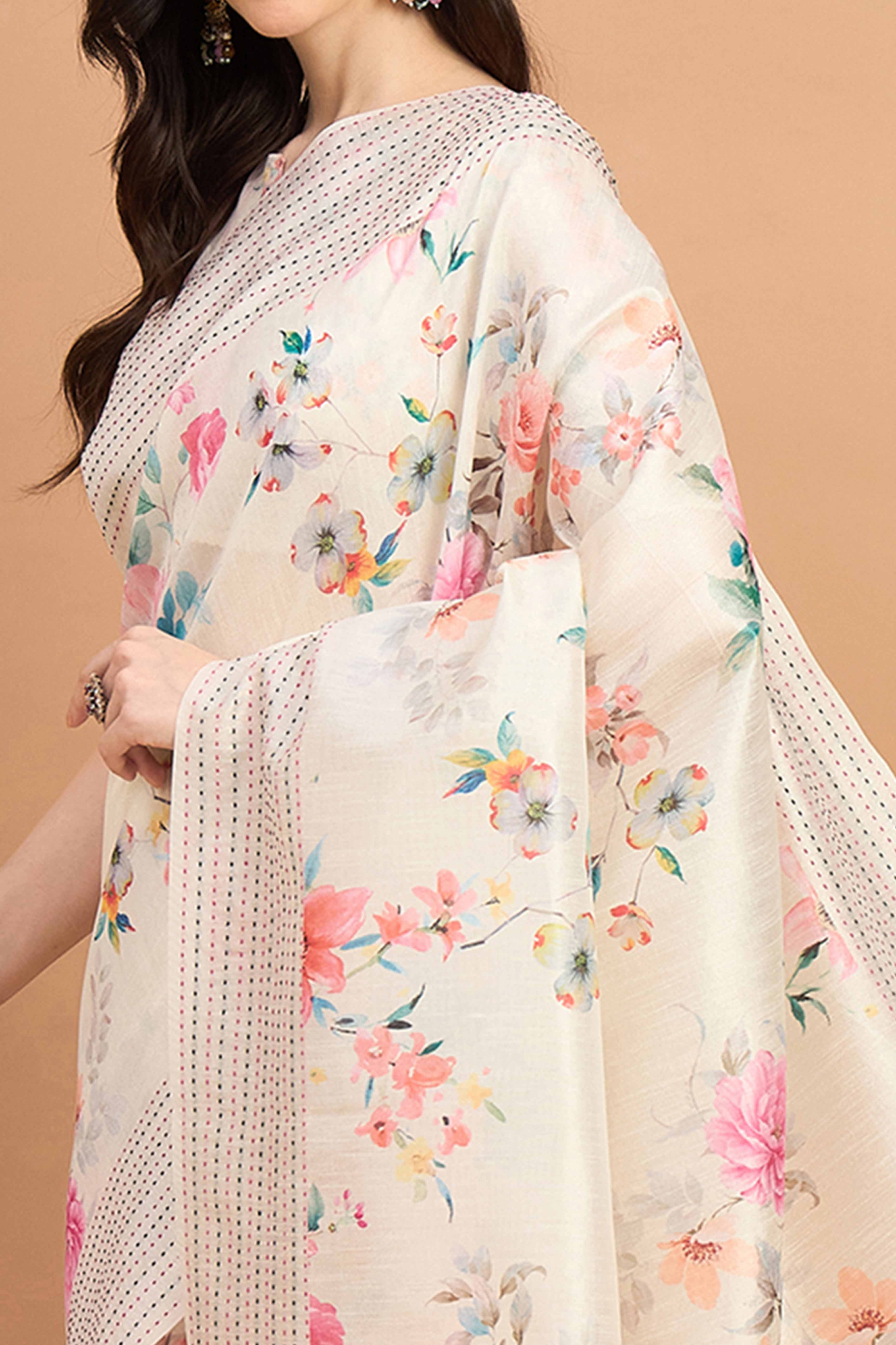 Offwhite Silk Blend Saree With Floral Prints & Delicate Tassels Border