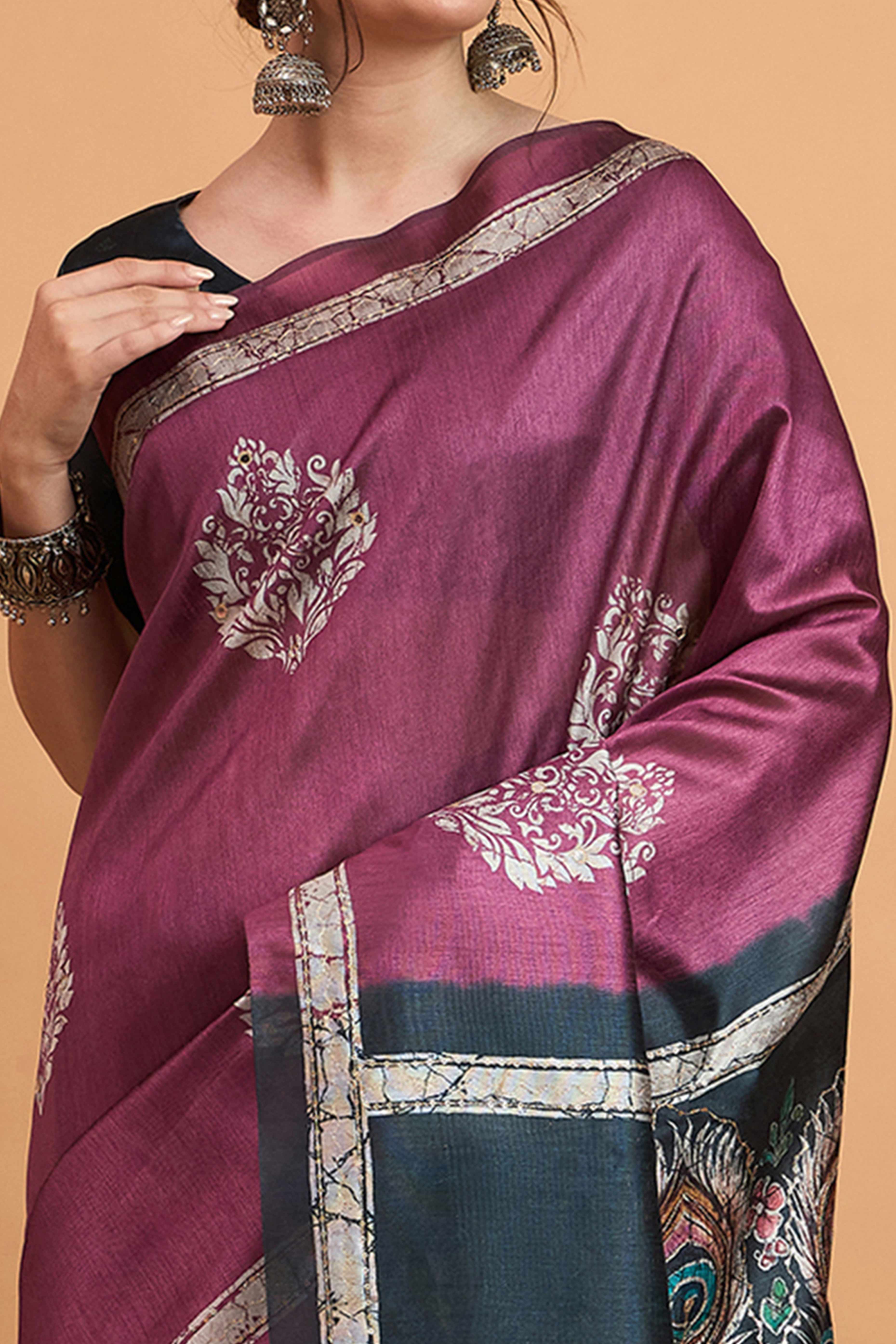 Handcrafted Magenta Floral Block Print Saree in Cotton Silk with Decorative Mirror Embroidery