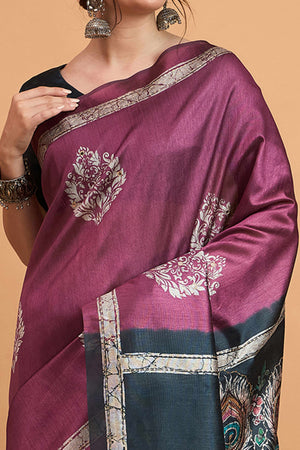 Handcrafted Magenta Floral Block Print Saree in Cotton Silk with Decorative Mirror Embroidery