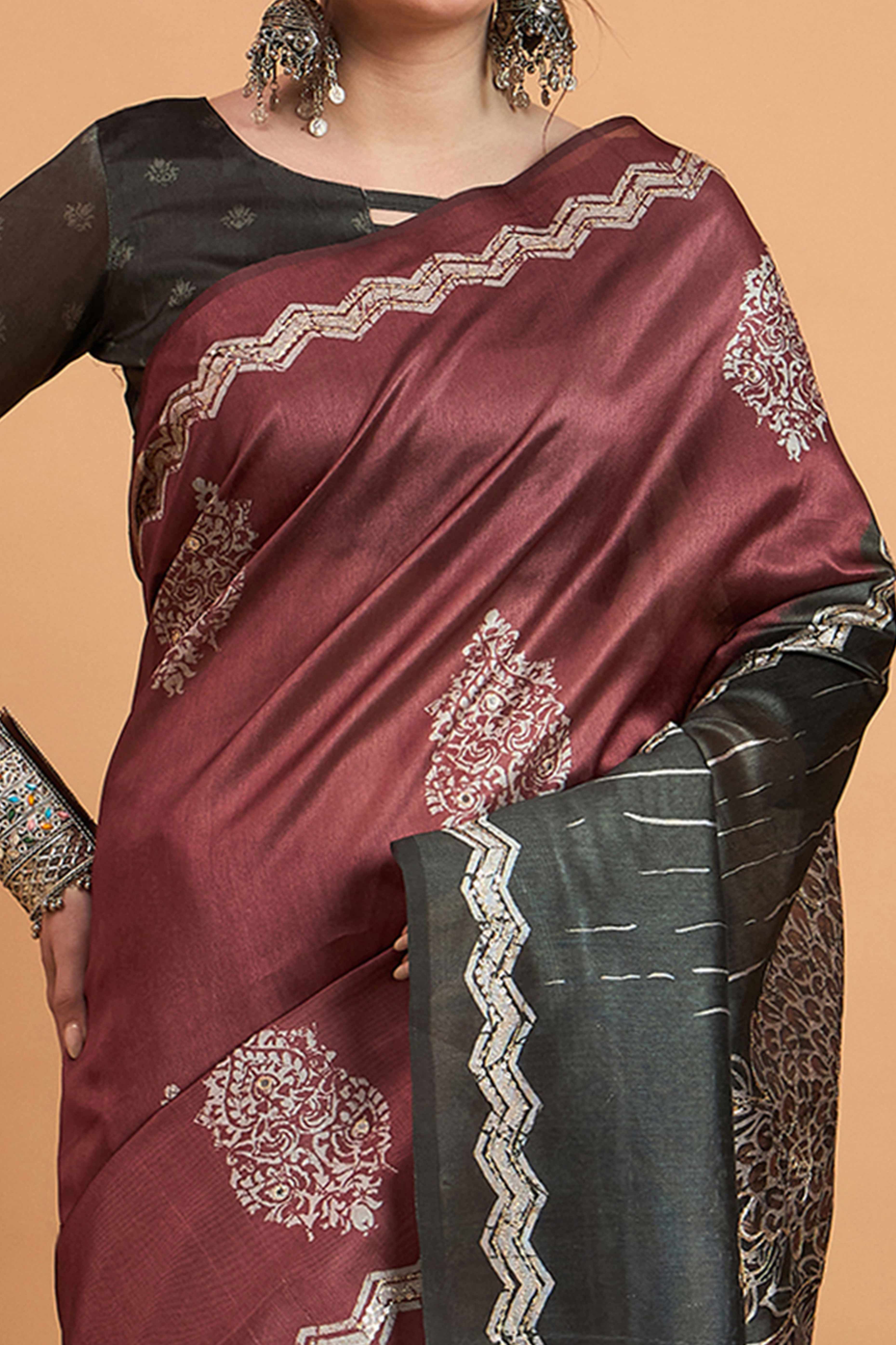 Handcrafted Wine Floral Block Print Saree in Cotton Silk with Decorative Mirror Embroidery