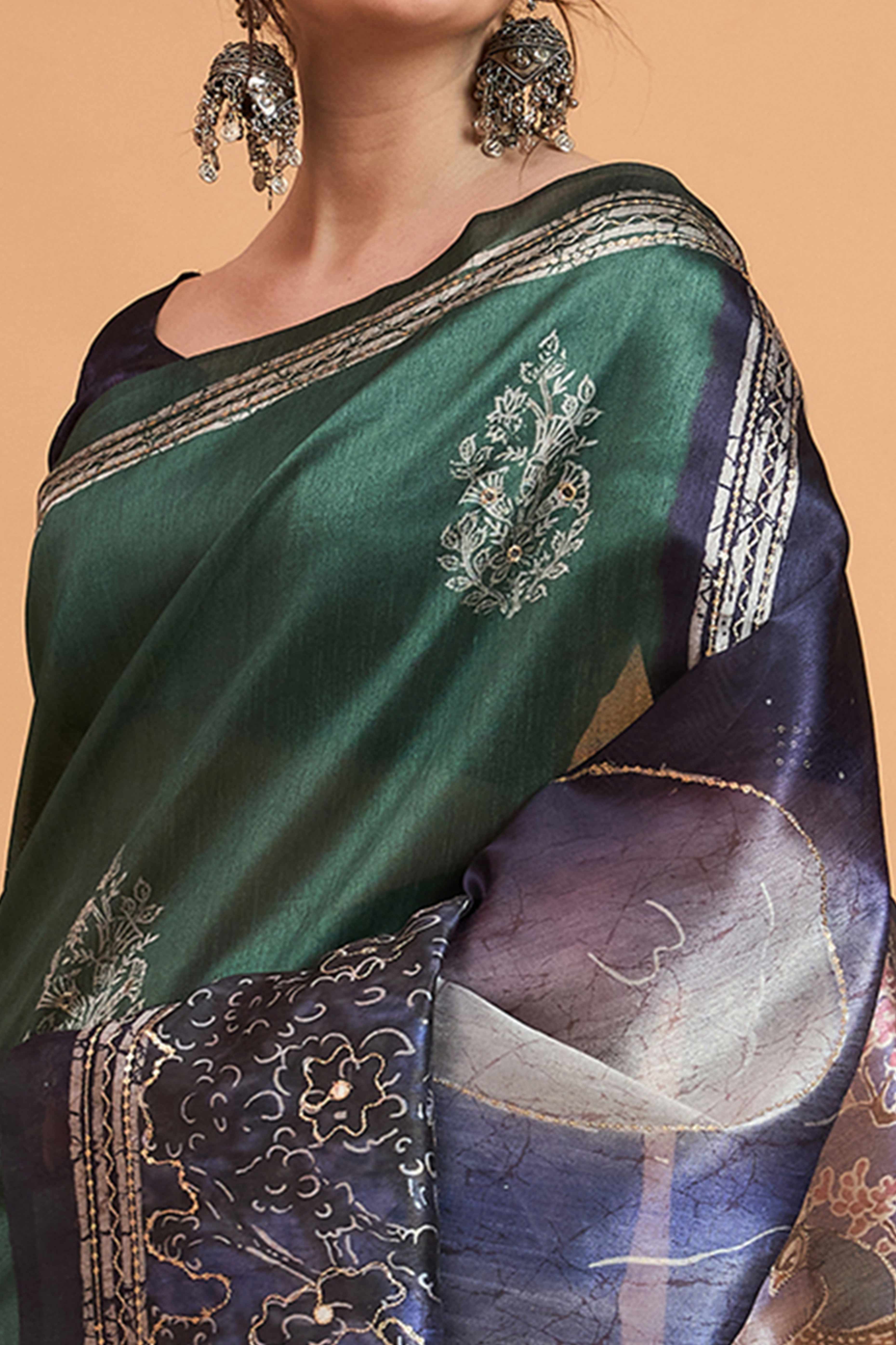 Handcrafted Green Floral Block Print Saree in Cotton Silk with Decorative Mirror Embroidery