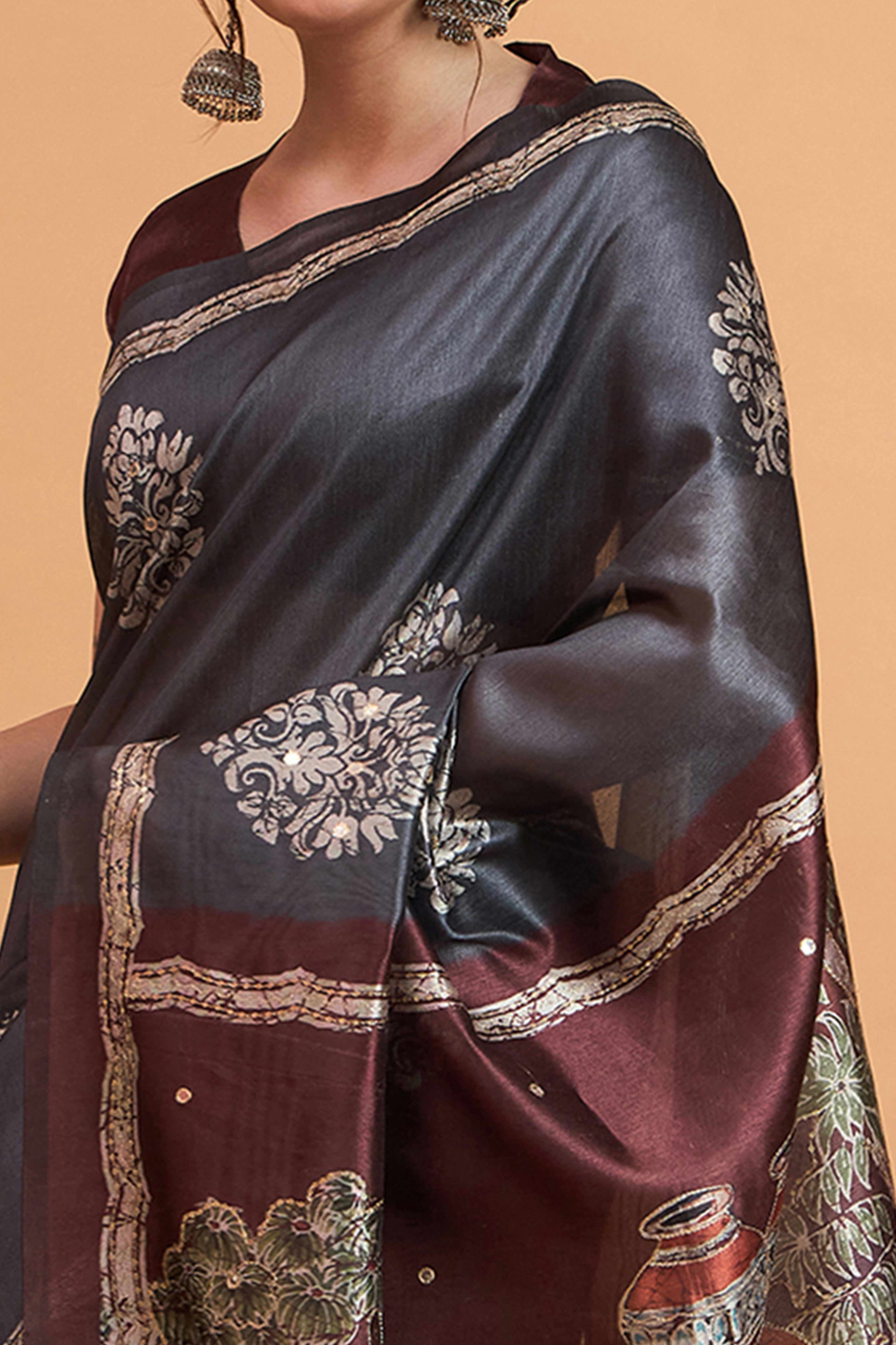 Handcrafted Grey Floral Block Print Saree in Cotton Silk with Decorative Mirror Embroidery
