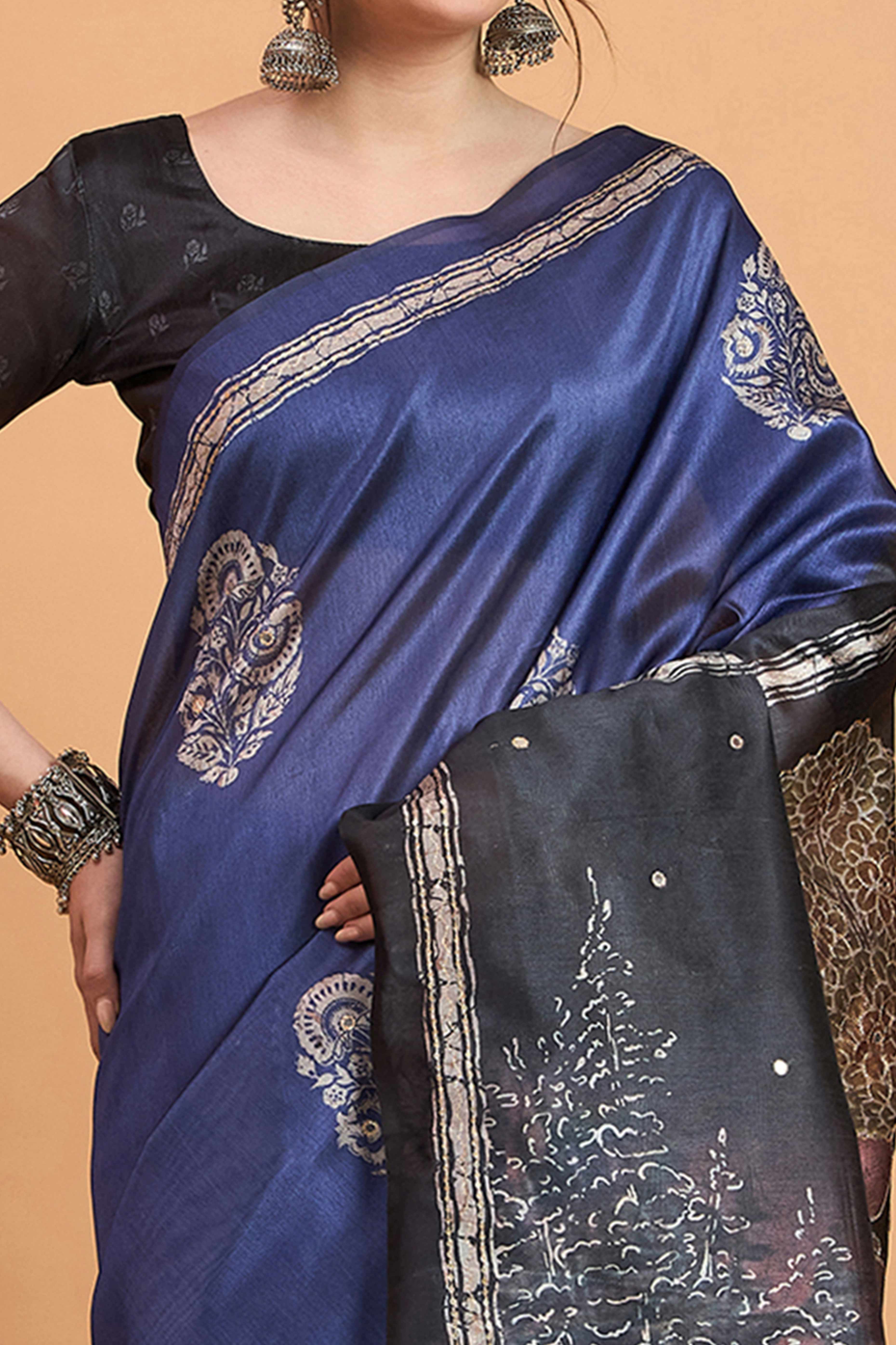 Handcrafted Navy Blue Floral Block Print Saree in Cotton Silk with Decorative Mirror Embroidery