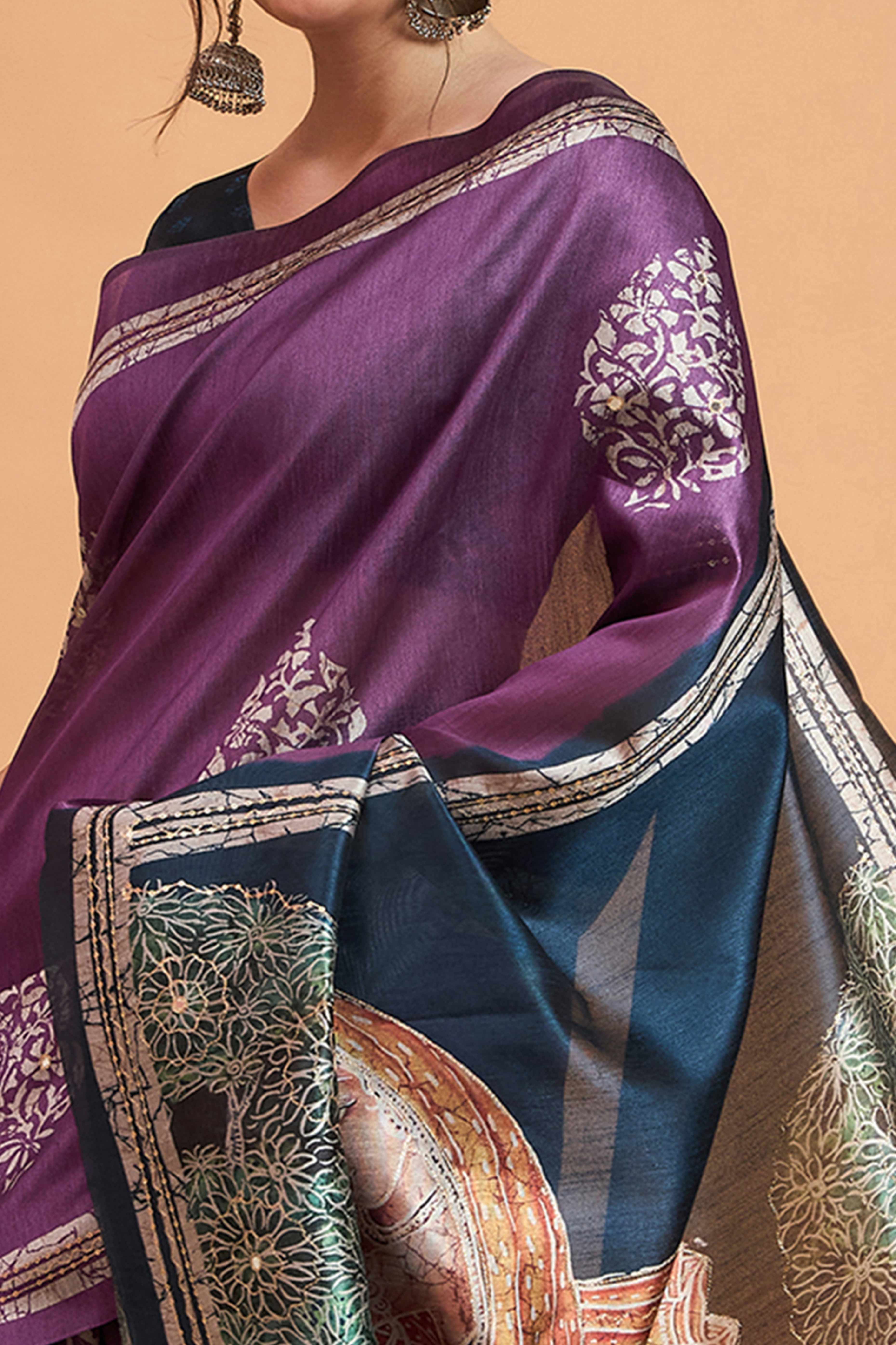 Handcrafted Purple Floral Block Print Saree in Cotton Silk with Decorative Mirror Embroidery