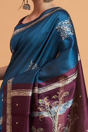 Handcrafted Teal Floral Block Print Saree in Cotton Silk with Decorative Mirror Embroidery