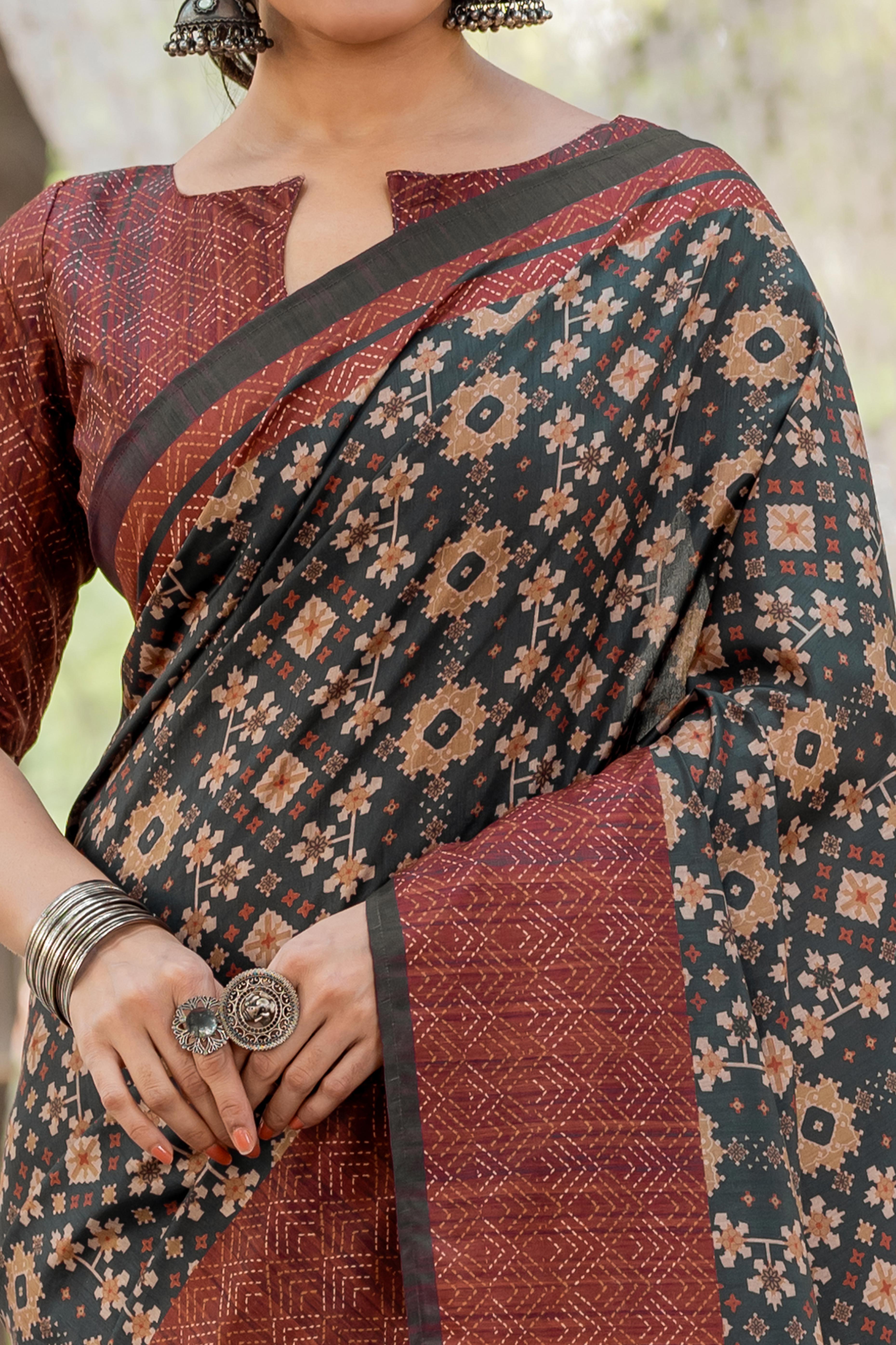 Black Kozi Cotton Silk Saree With Digital Prints and Soft Tassel Edging