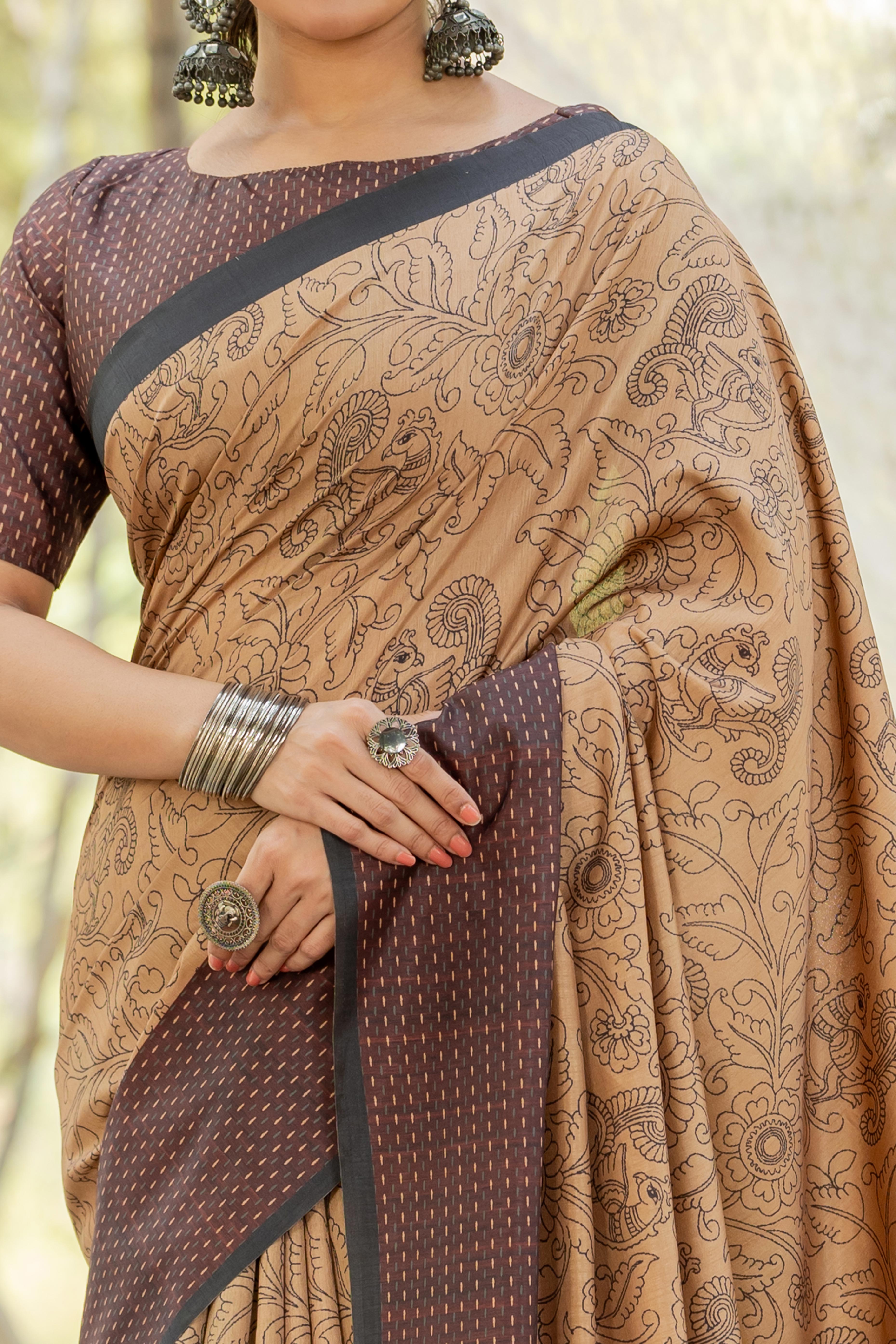 Beige Kozi Cotton Silk Saree Showcasing Digital Prints and Soft Tassel Edging