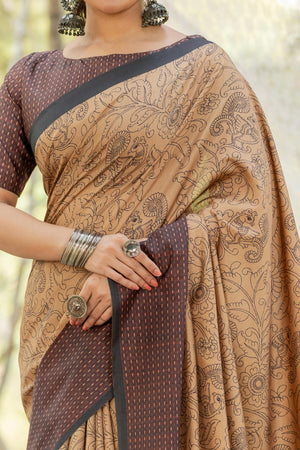 Beige Kozi Cotton Silk Saree Showcasing Digital Prints and Soft Tassel Edging