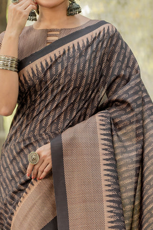 Black Kozi Cotton Silk Saree Indicating Digital Prints and Soft Tassel Edging