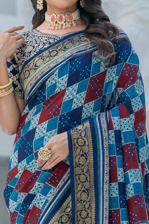 Blue & Maroon Ajrakh Printed Viscose Saree With Woven Border & Elegant Tassel Pallu
