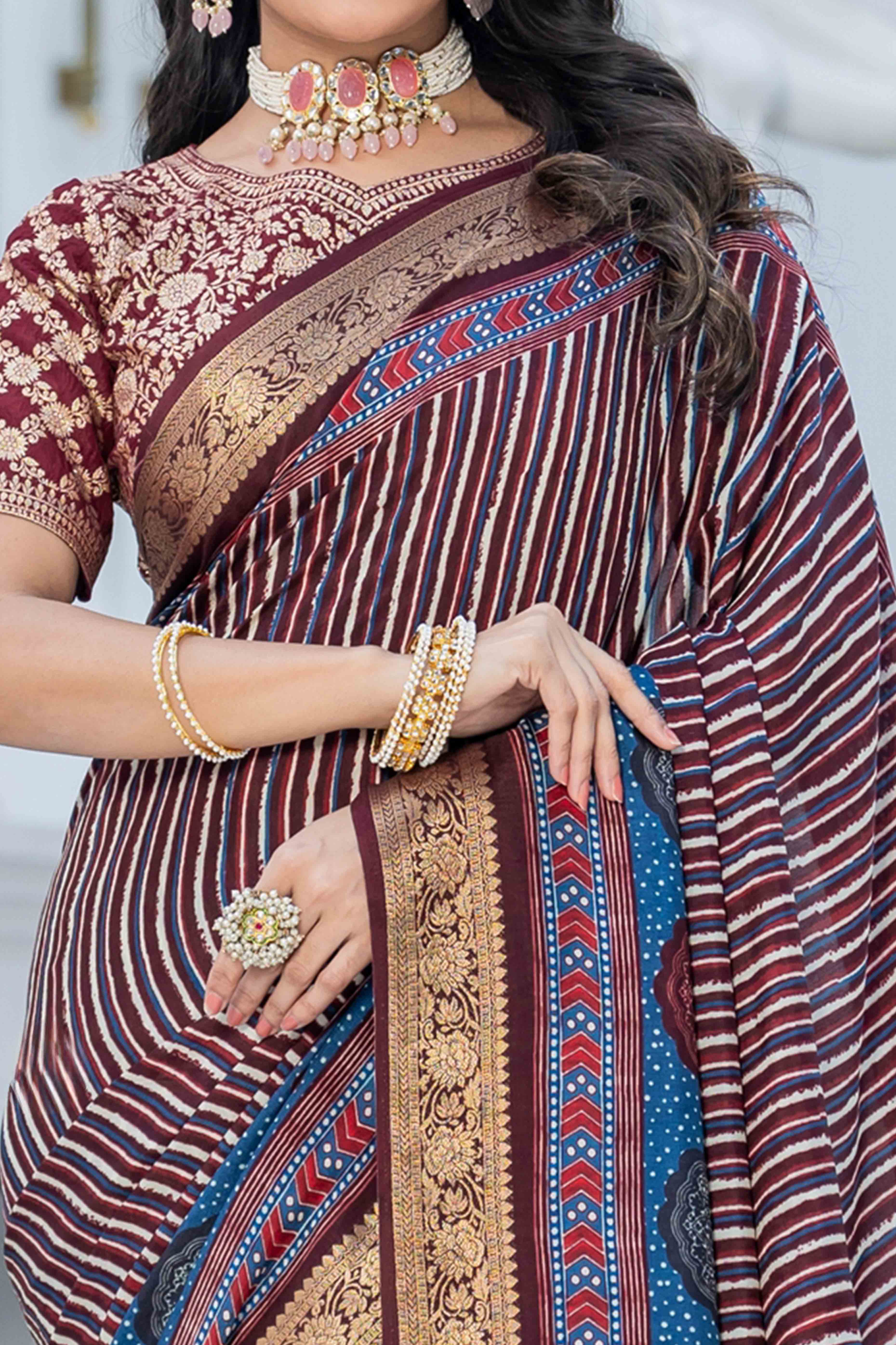 Dark Maroon Ajrakh Printed Viscose Saree With Woven Border & Elegant Tassel Pallu