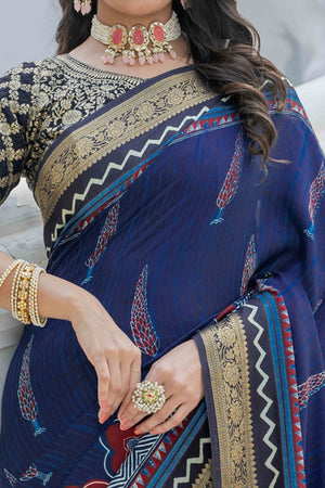 Blue Ajrakh Printed Viscose Saree With Woven Border & Elegant Tassel Pallu