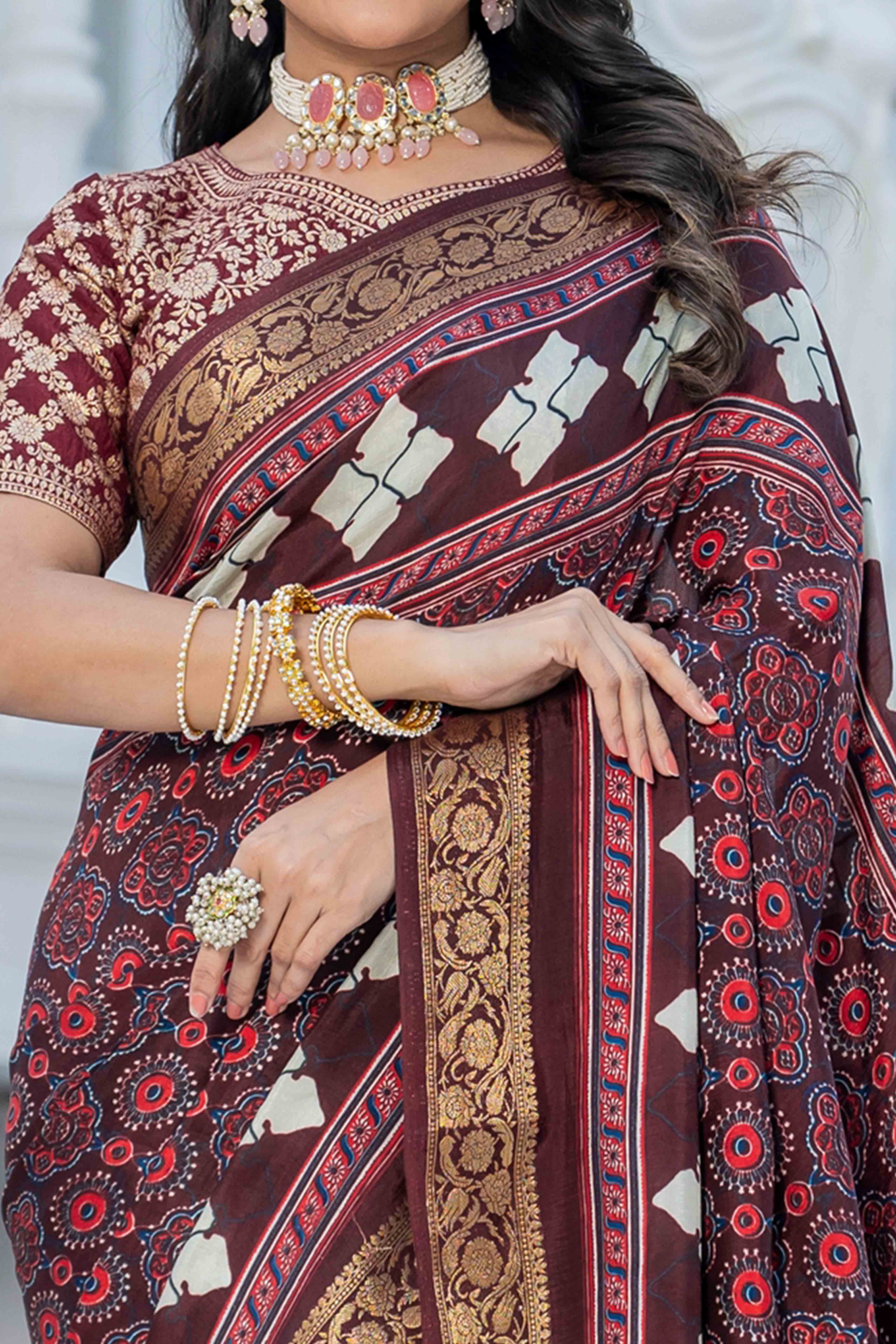 Dark Wine Ajrakh Printed Viscose Saree With Woven Border & Elegant Tassel Pallu