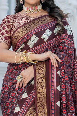 Dark Wine Ajrakh Printed Viscose Saree With Woven Border & Elegant Tassel Pallu