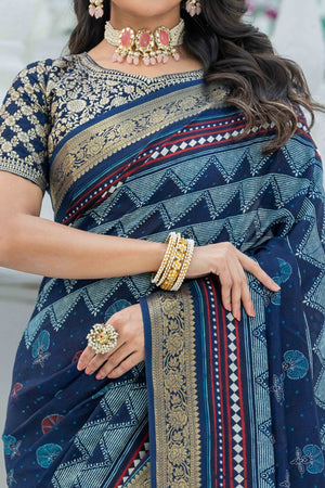 Blue Ajrakh Printed Viscose Saree With Woven Border & Elegant Tassel Pallu