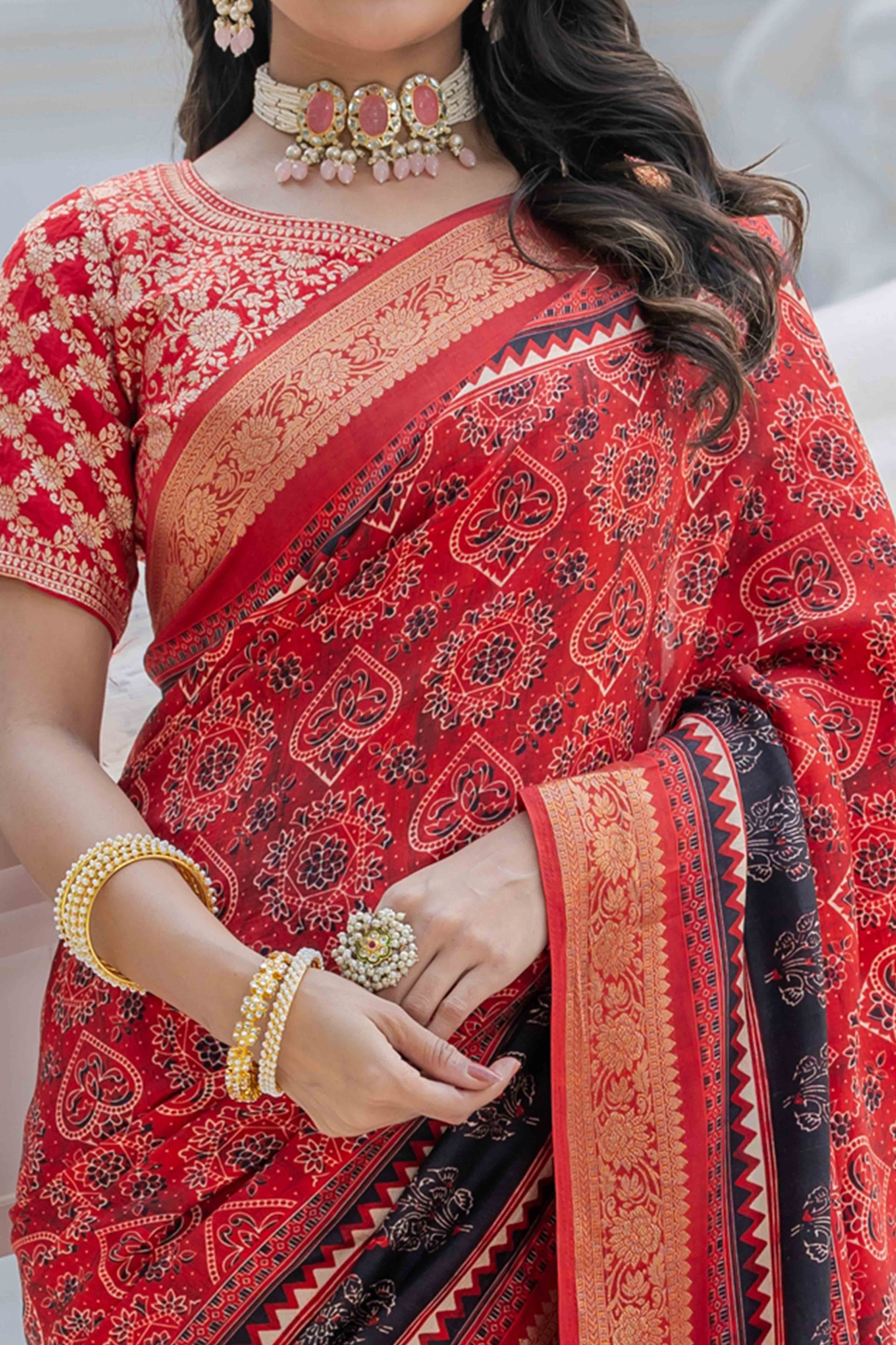 Vermilion Red Ajrakh Printed Viscose Saree With Woven Border & Elegant Tassel Pallu