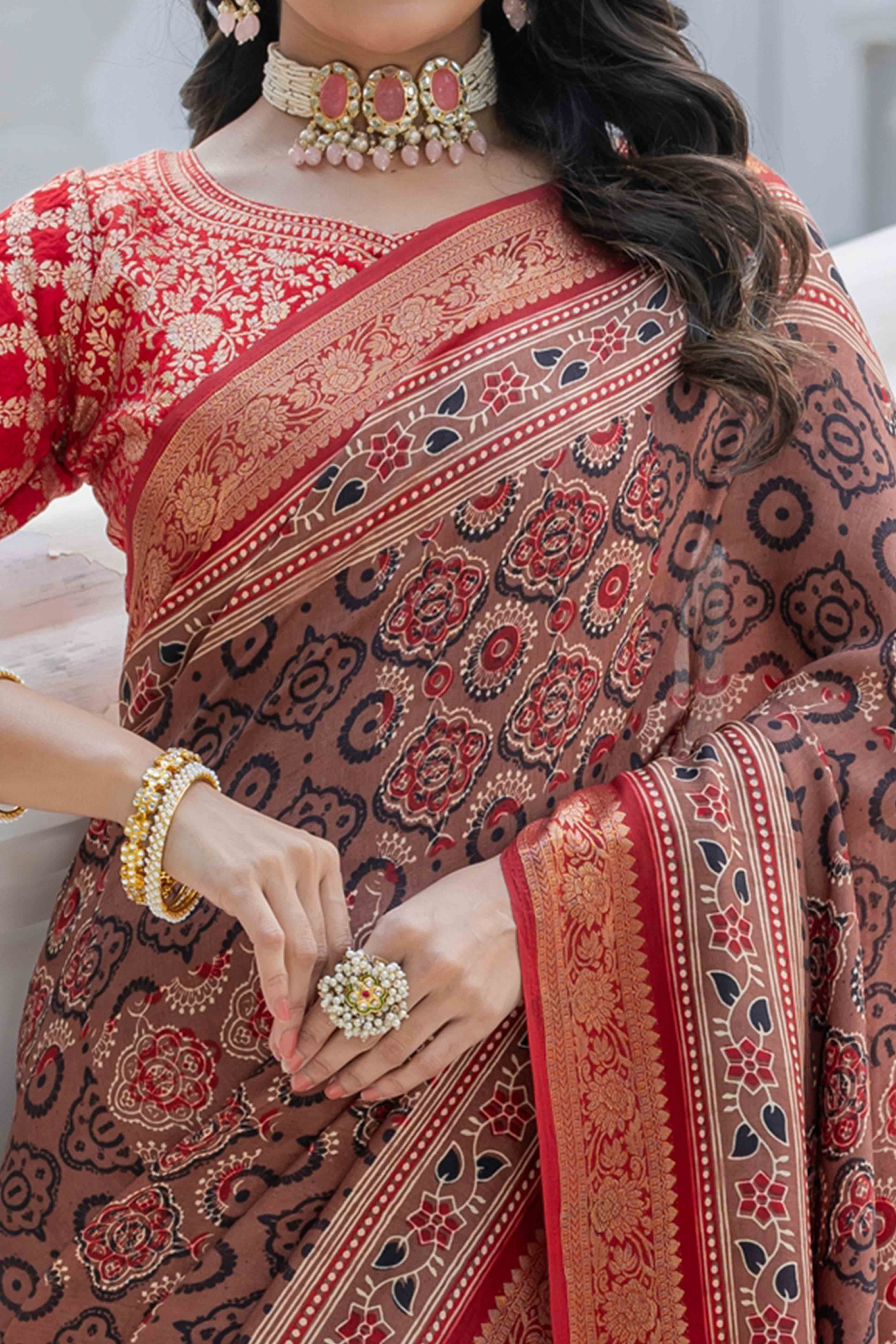 Brown Ajrakh Printed Viscose Saree With Woven Border & Elegant Tassel Pallu