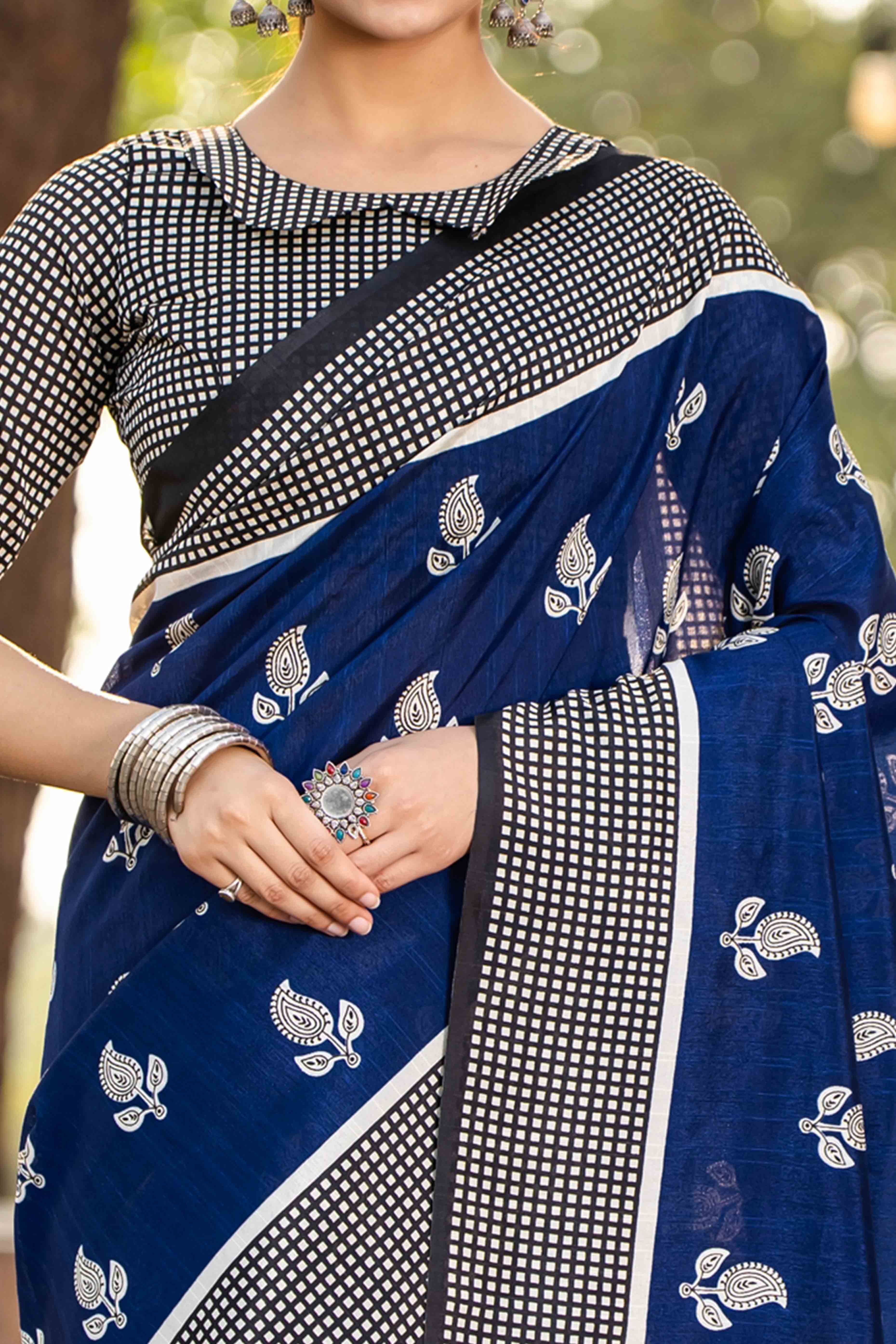 Blue Bhagalpuri Silk Saree with Floral Handblock Prints