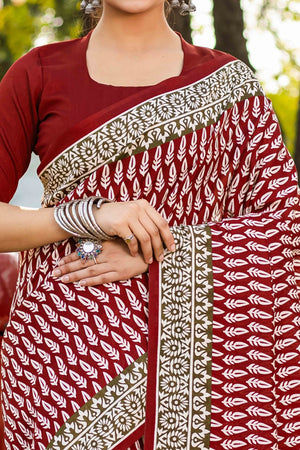 Maroon Bhagalpuri Silk Saree with Floral Handblock Prints