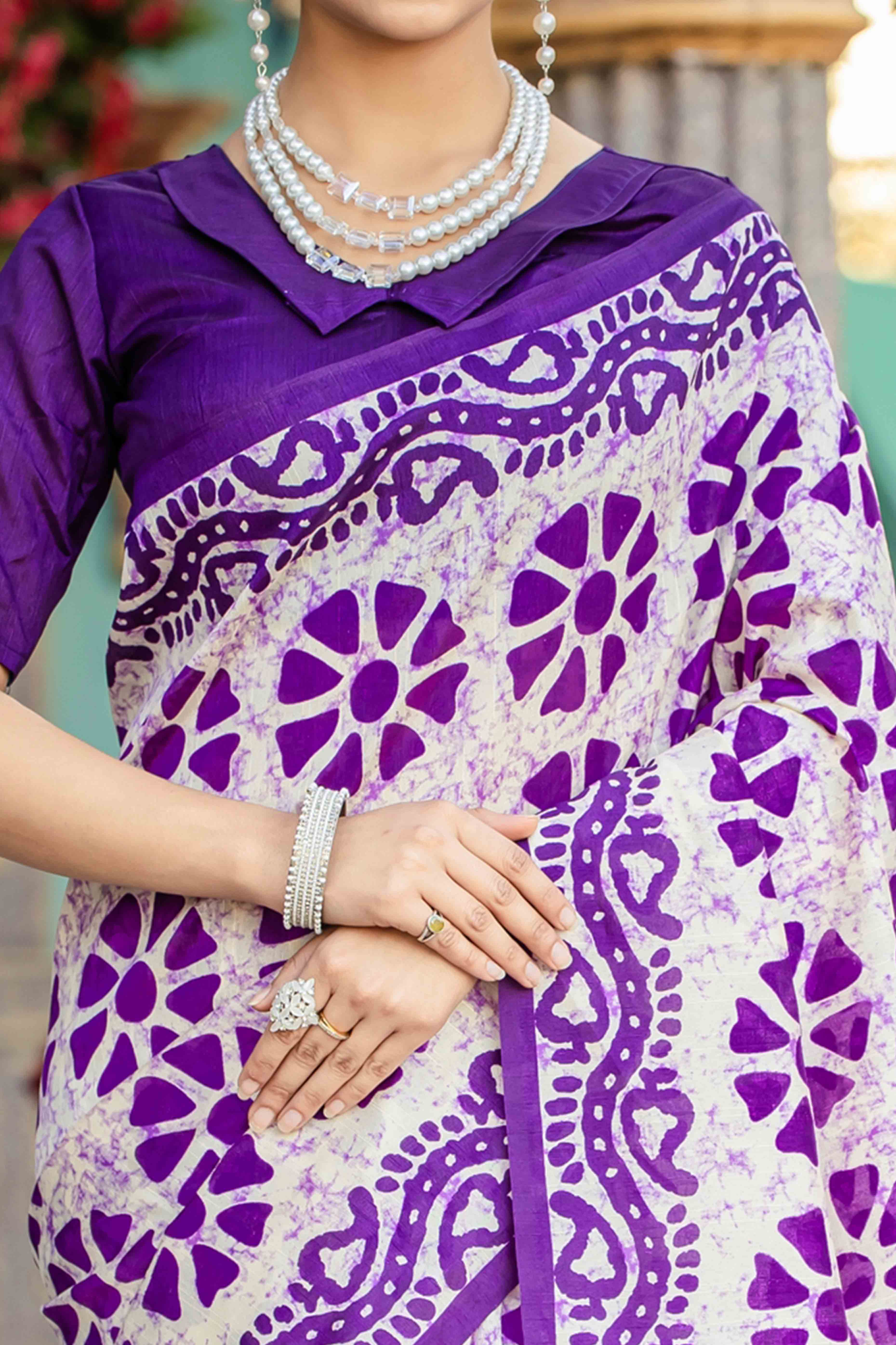 Purple Bhagalpuri Silk Saree with Floral Handblock Prints