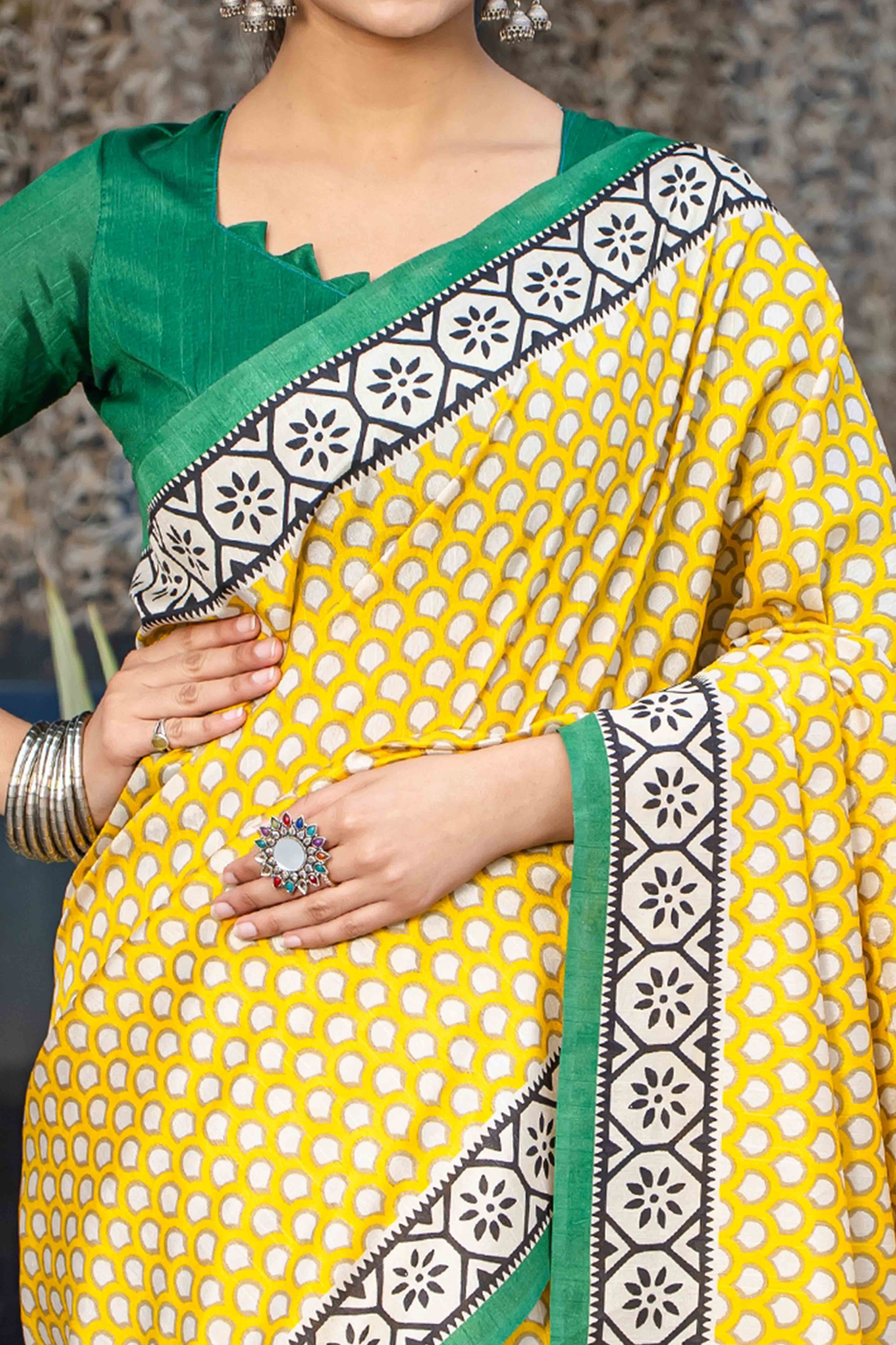 Yellow Bhagalpuri Silk Saree with Floral Handblock Prints