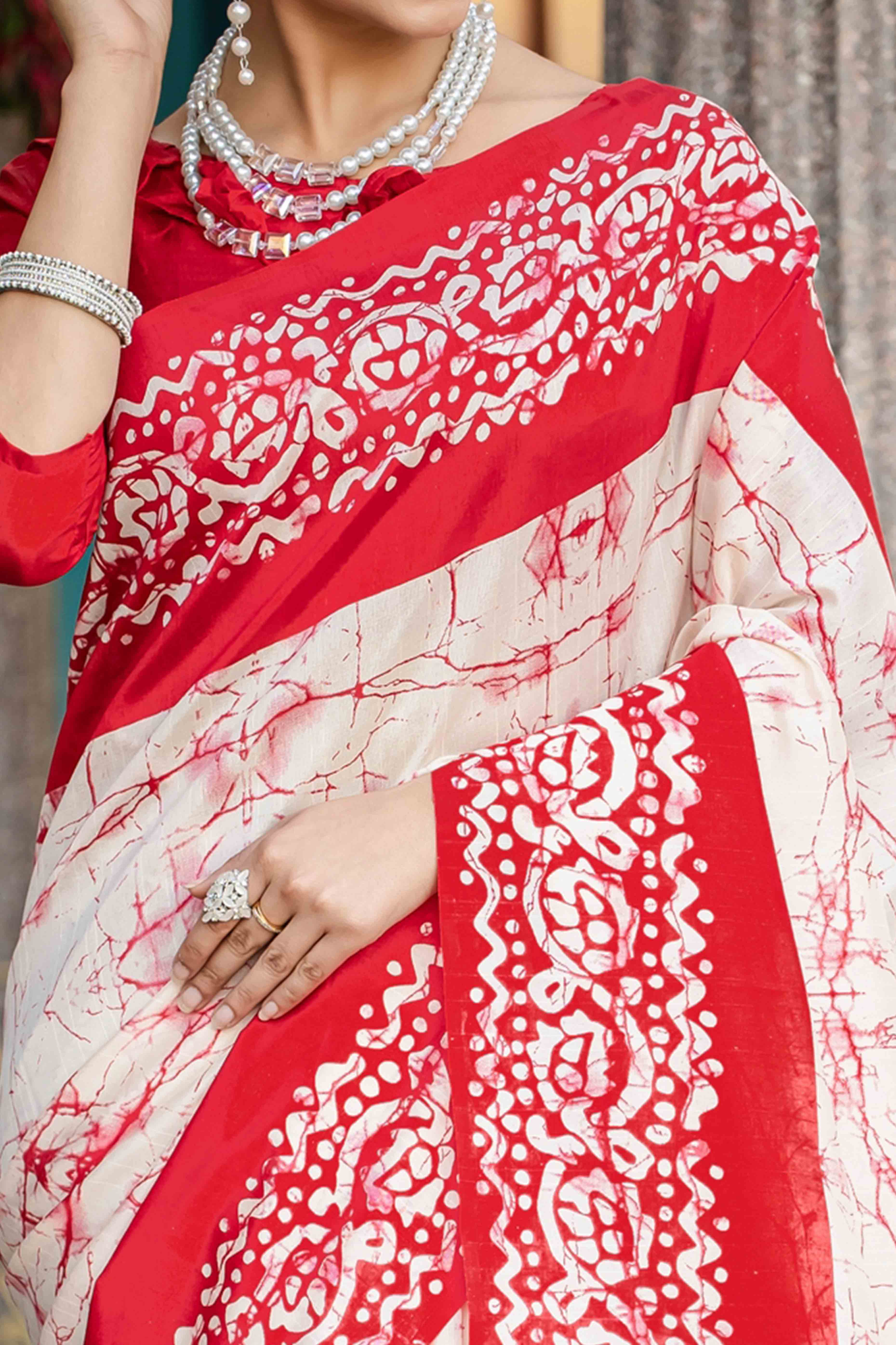Offwhite & Red Bhagalpuri Silk Saree with Floral Handblock Prints