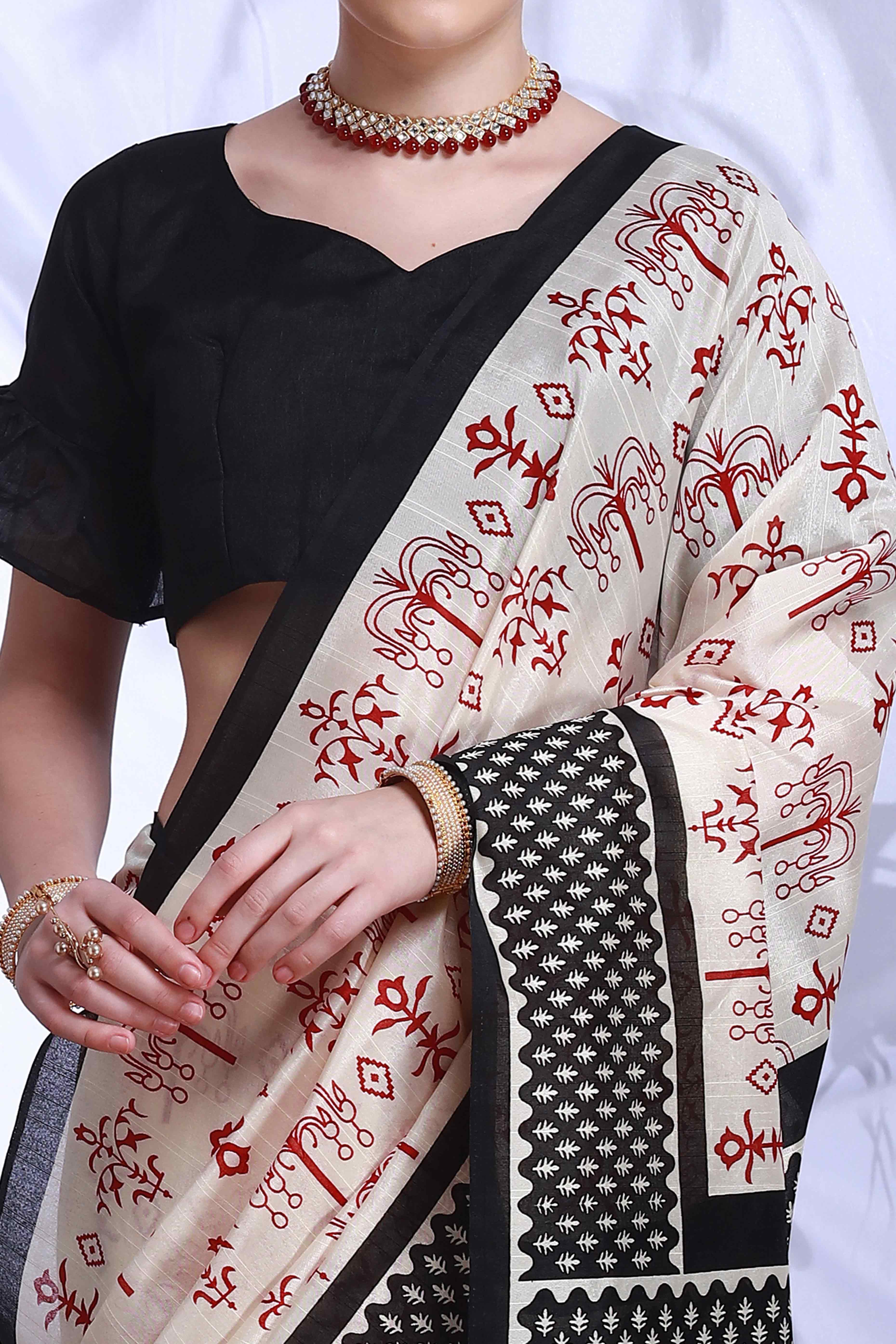 Offwhite & Black Printed Bhagalpuri Silk Saree