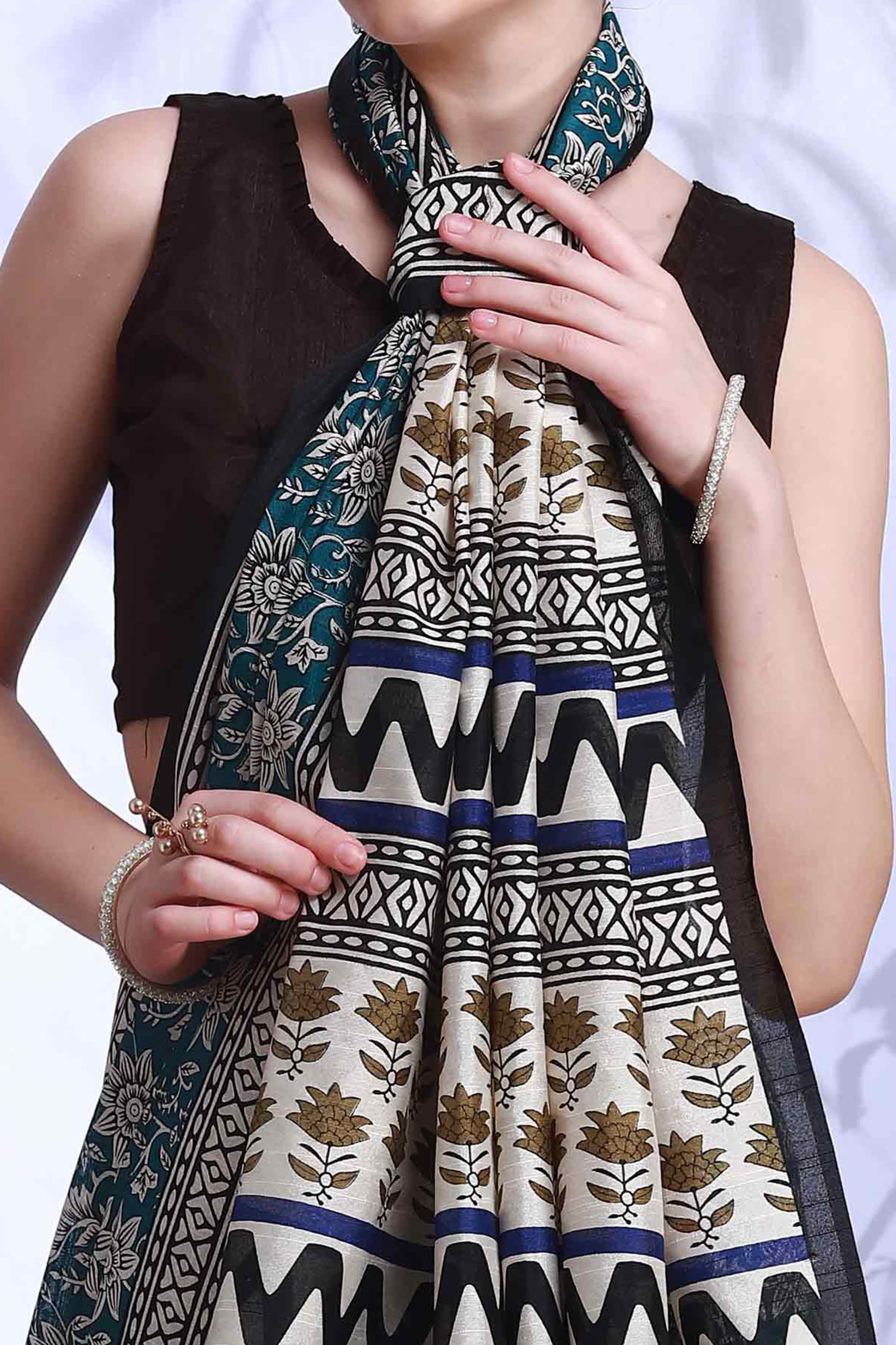 Teal Printed Bhagalpuri Silk Saree