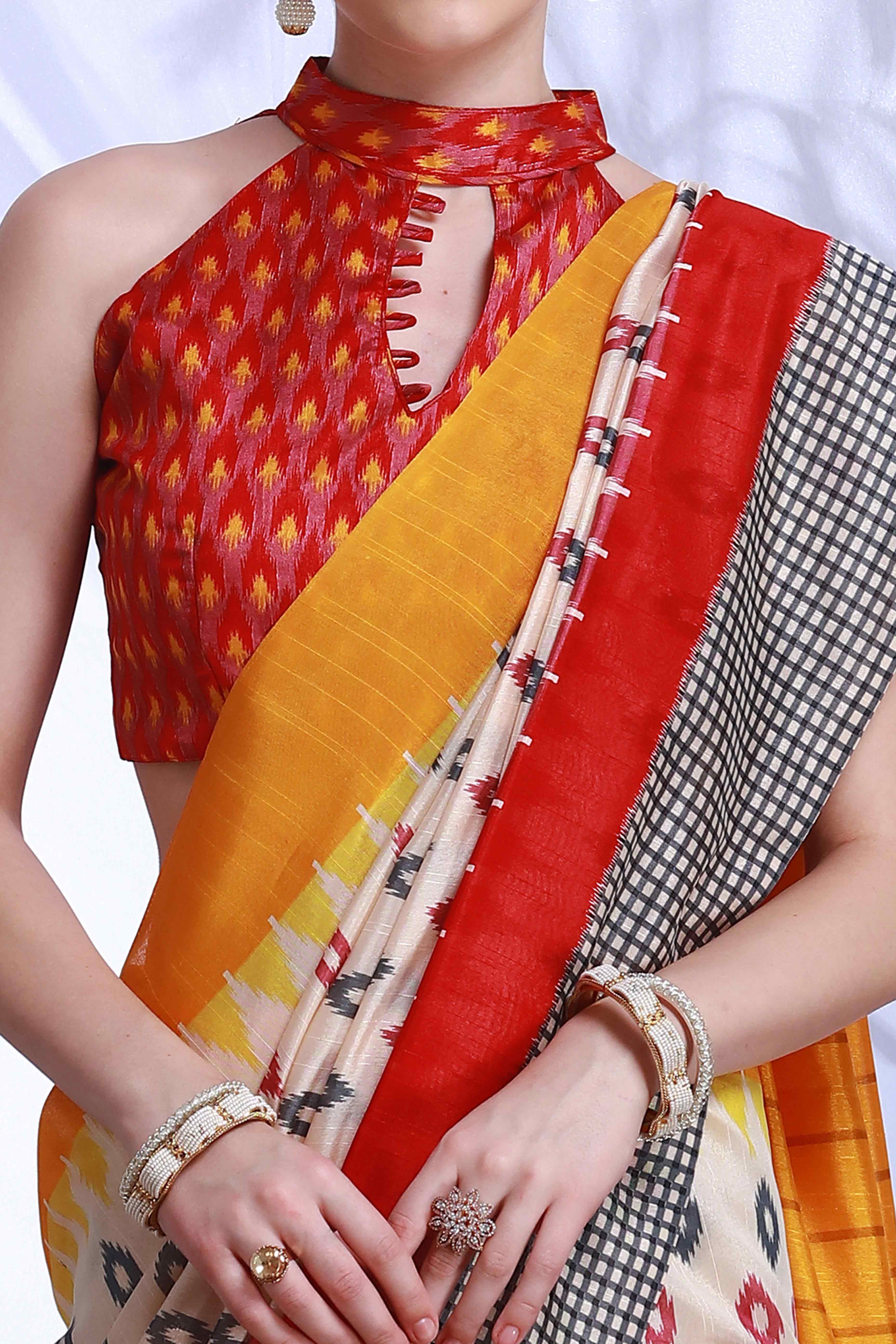 Cream Printed Bhagalpuri Silk Saree